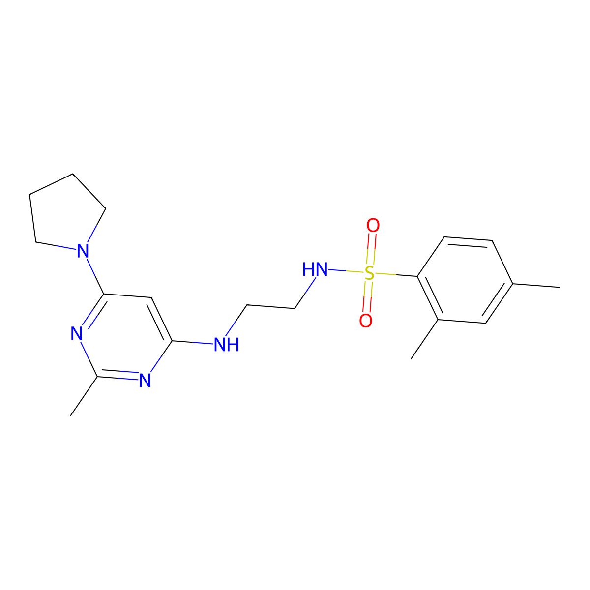 2,4-dimethyl-N-(2-((2-methyl-6-(pyrrolidin-1-yl)pyrimidin-4-yl)amino)ethyl)benzenesulfonamide molecular structure, CAS 1203396-75-1