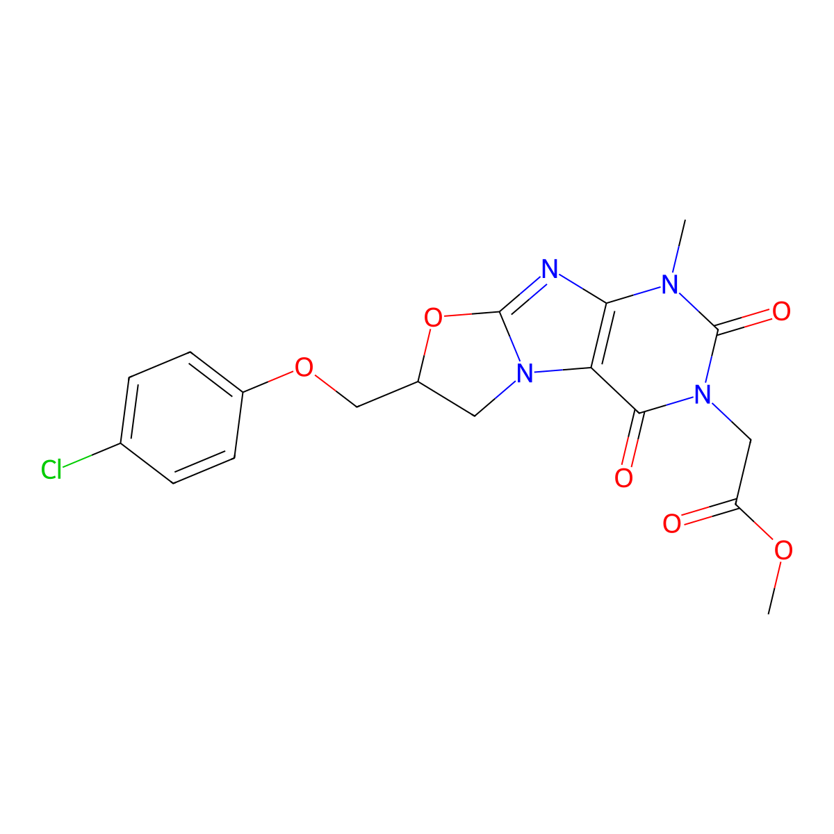 methyl 2-(7-((4-chlorophenoxy)methyl)-1-methyl-2,4-dioxo-1,2,6,7-tetrahydrooxazolo[2,3-f]purin-3(4H)-yl)acetate molecular structure, CAS 1203397-29-8
