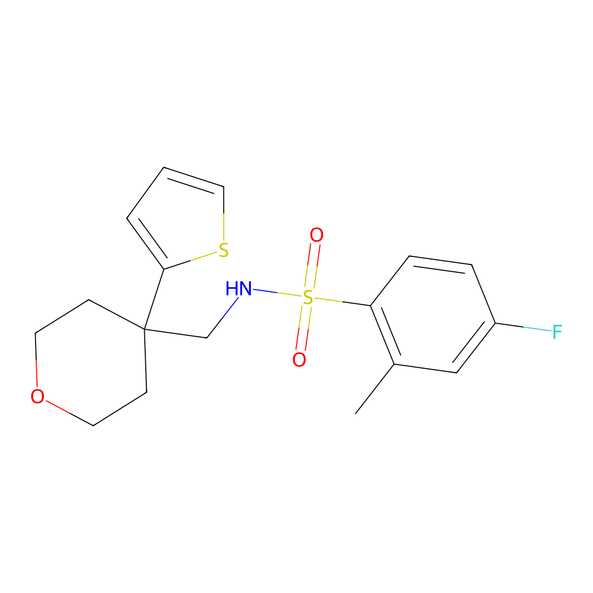 4-fluoro-2-methyl-N-{[4-(thiophen-2-yl)oxan-4-yl]methyl}benzene-1-sulfonamide molecular structure, CAS 1203397-92-5