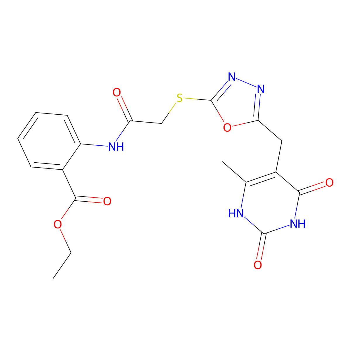 Ethyl 2-(2-((5-((6-methyl-2,4-dioxo-1,2,3,4-tetrahydropyrimidin-5-yl)methyl)-1,3,4-oxadiazol-2-yl)thio)acetamido)benzoate molecular structure, CAS 1203398-84-8