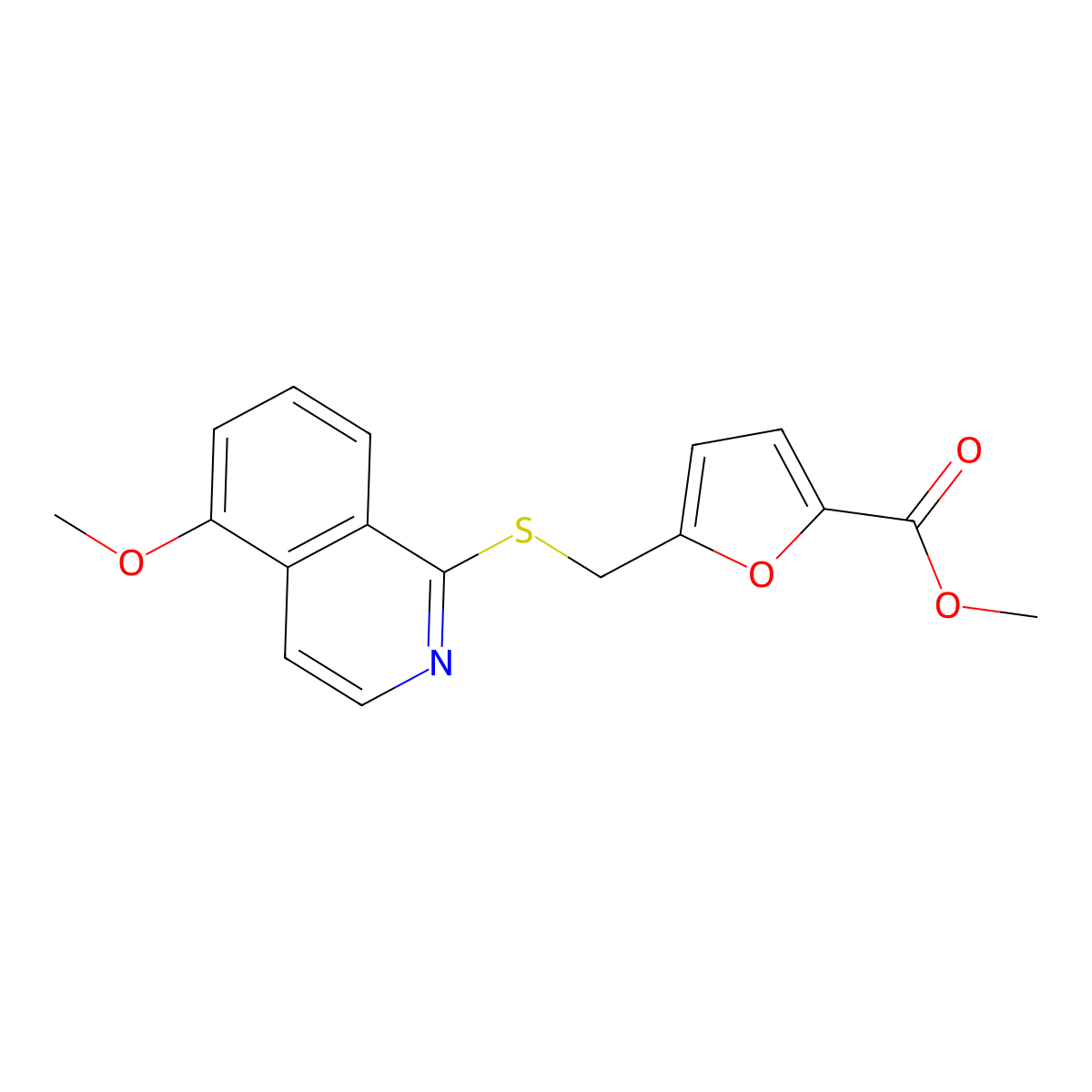 Methyl 5-(((5-methoxyisoquinolin-1-yl)thio)methyl)furan-2-carboxylate molecular structure, CAS 1203400-97-8