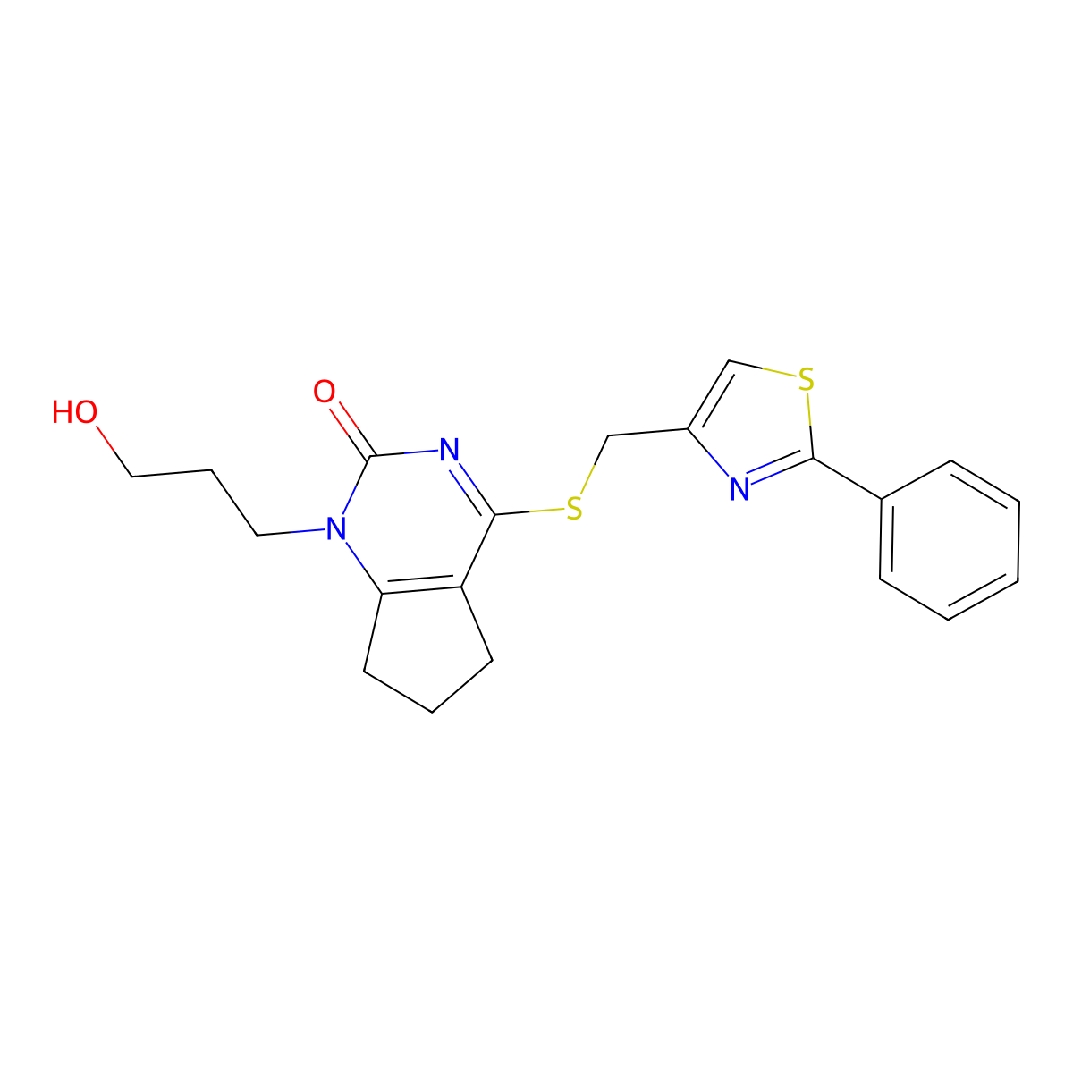 1-(3-hydroxypropyl)-4-(((2-phenylthiazol-4-yl)methyl)thio)-6,7-dihydro-1H-cyclopenta[d]pyrimidin-2(5H)-one molecular structure, CAS 1203401-48-2