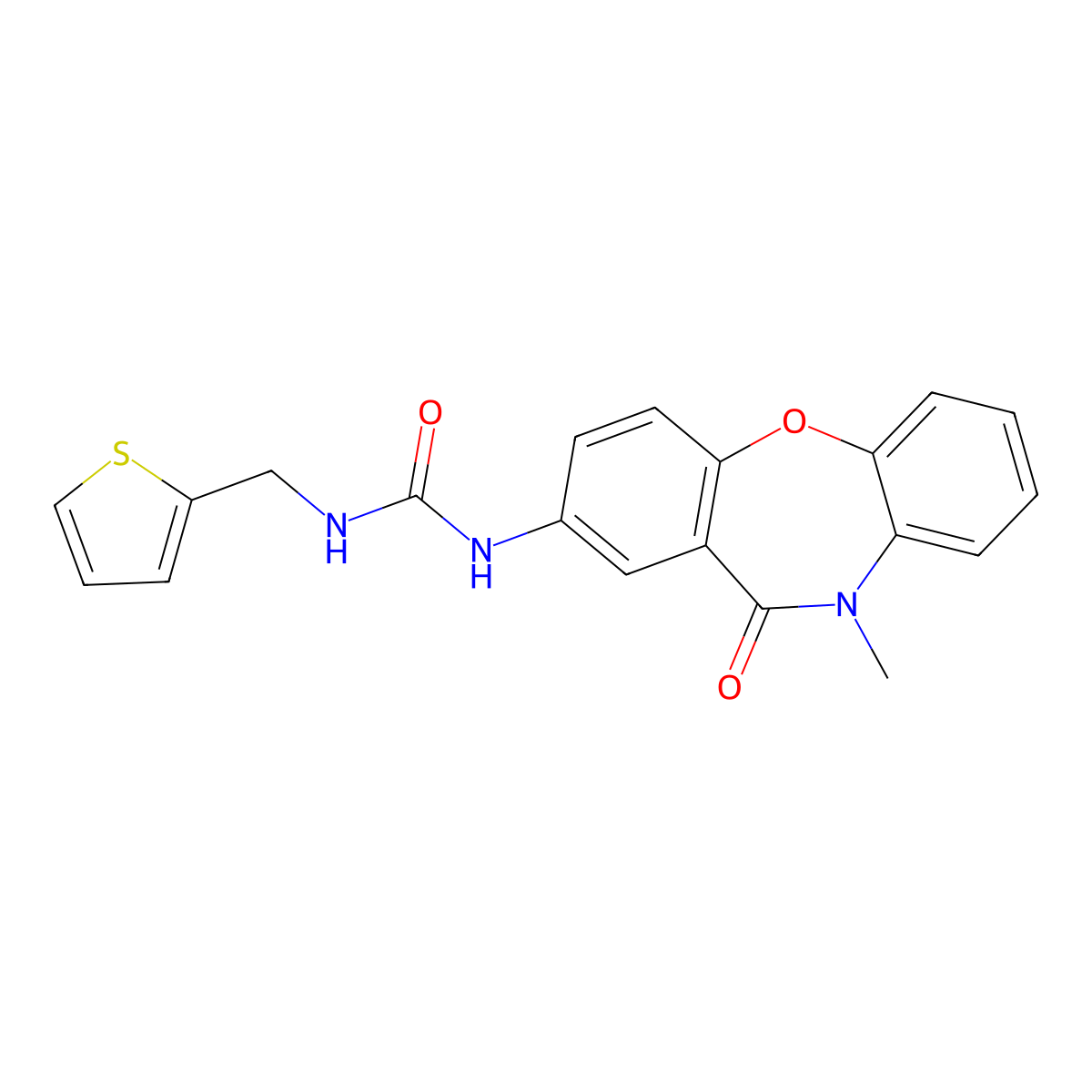 1-{9-Methyl-10-oxo-2-oxa-9-azatricyclo[9.4.0.0^{3,8}]pentadeca-1(11),3(8),4,6,12,14-hexaen-13-yl}-3-[(thiophen-2-yl)methyl]urea molecular structure, CAS 1203401-98-2