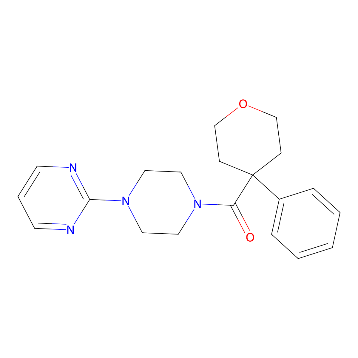 (4-phenyltetrahydro-2H-pyran-4-yl)(4-(pyrimidin-2-yl)piperazin-1-yl)methanone molecular structure, CAS 1203402-33-8