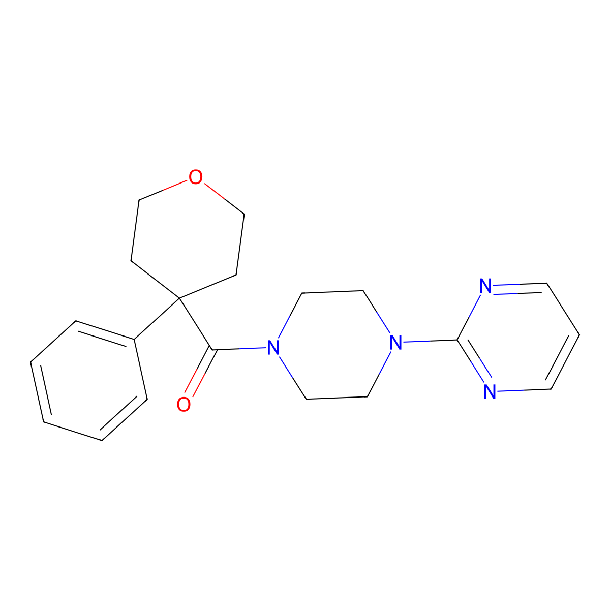 (4-phenyltetrahydro-2H-pyran-4-yl)(4-(pyrimidin-2-yl)piperazin-1-yl)methanone molecular structure, CAS 1203402-33-8