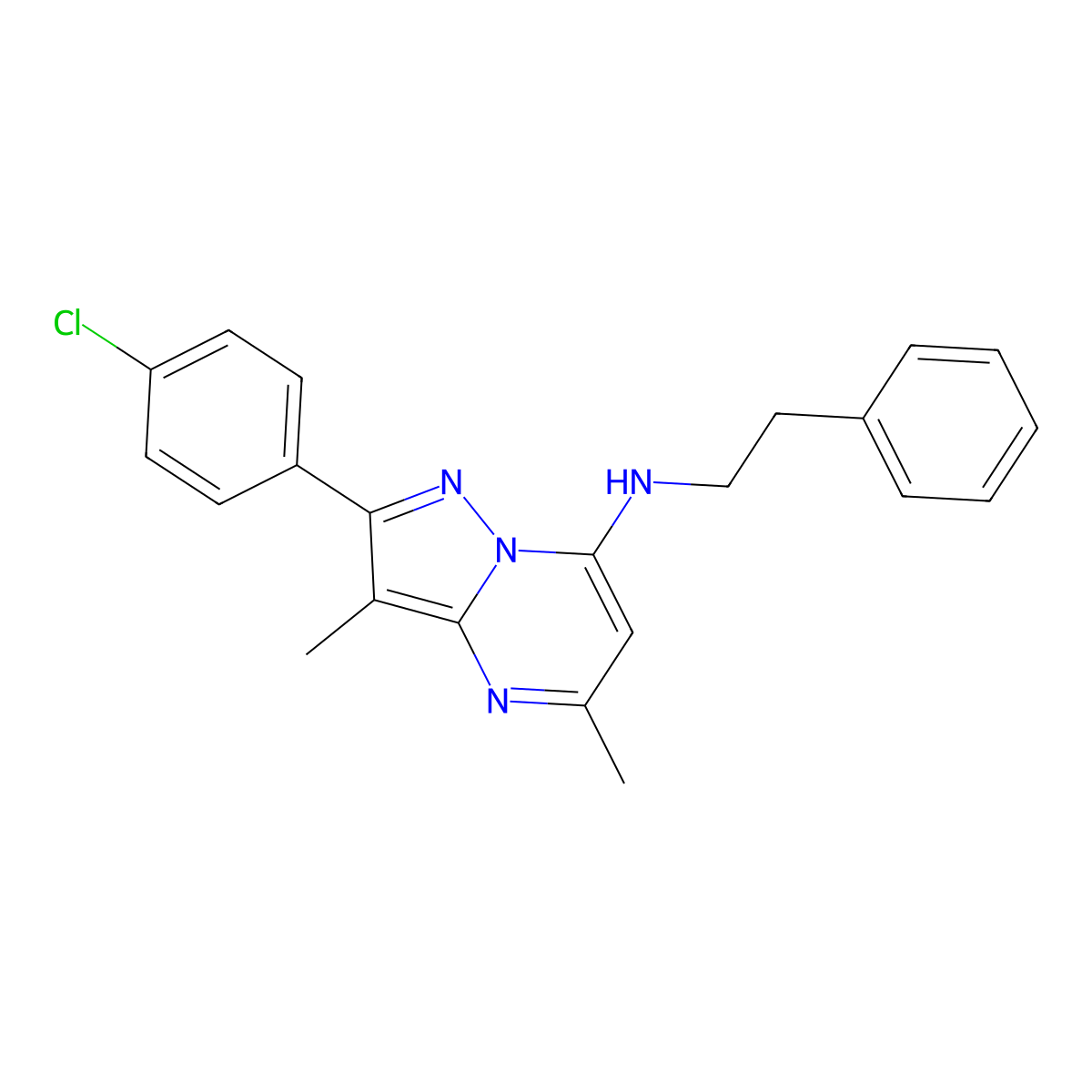 2-(4-chlorophenyl)-3,5-dimethyl-N-(2-phenylethyl)pyrazolo[1,5-a]pyrimidin-7-amine molecular structure, CAS 1203402-42-9
