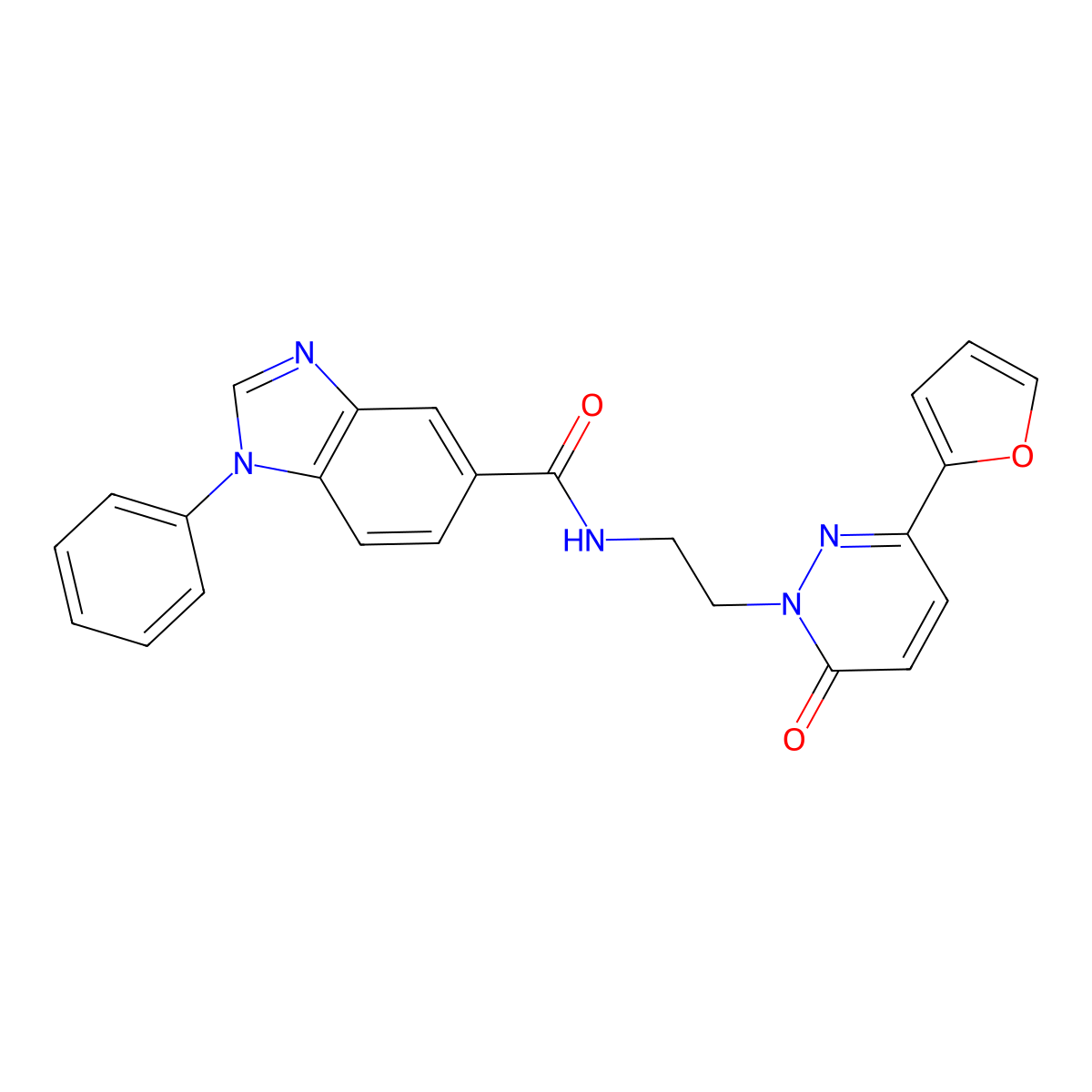 N-(2-(3-(furan-2-yl)-6-oxopyridazin-1(6H)-yl)ethyl)-1-phenyl-1H-benzo[d]imidazole-5-carboxamide molecular structure, CAS 1203404-73-2