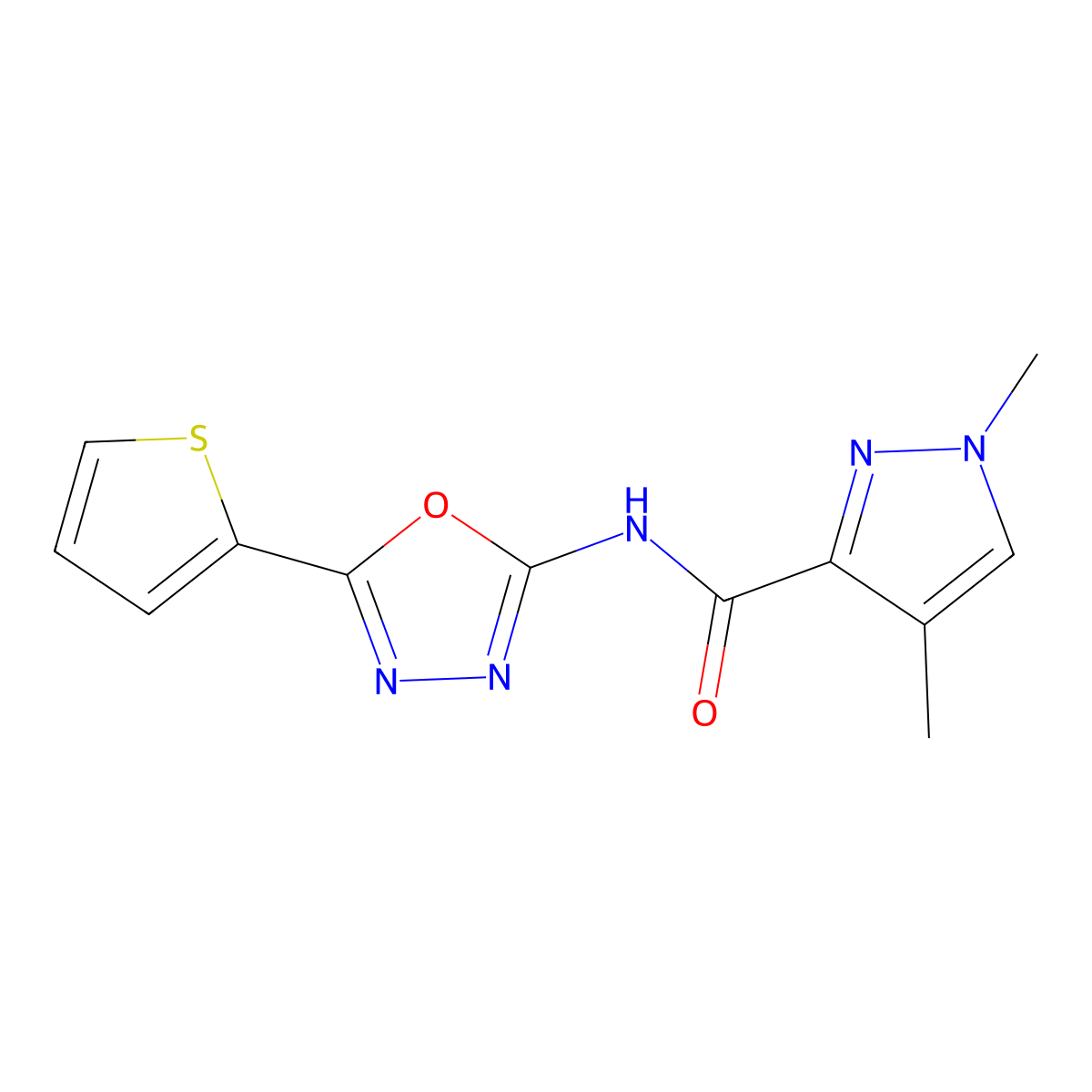 1,4-dimethyl-N-[5-(thiophen-2-yl)-1,3,4-oxadiazol-2-yl]-1H-pyrazole-3-carboxamide molecular structure, CAS 1203405-70-2