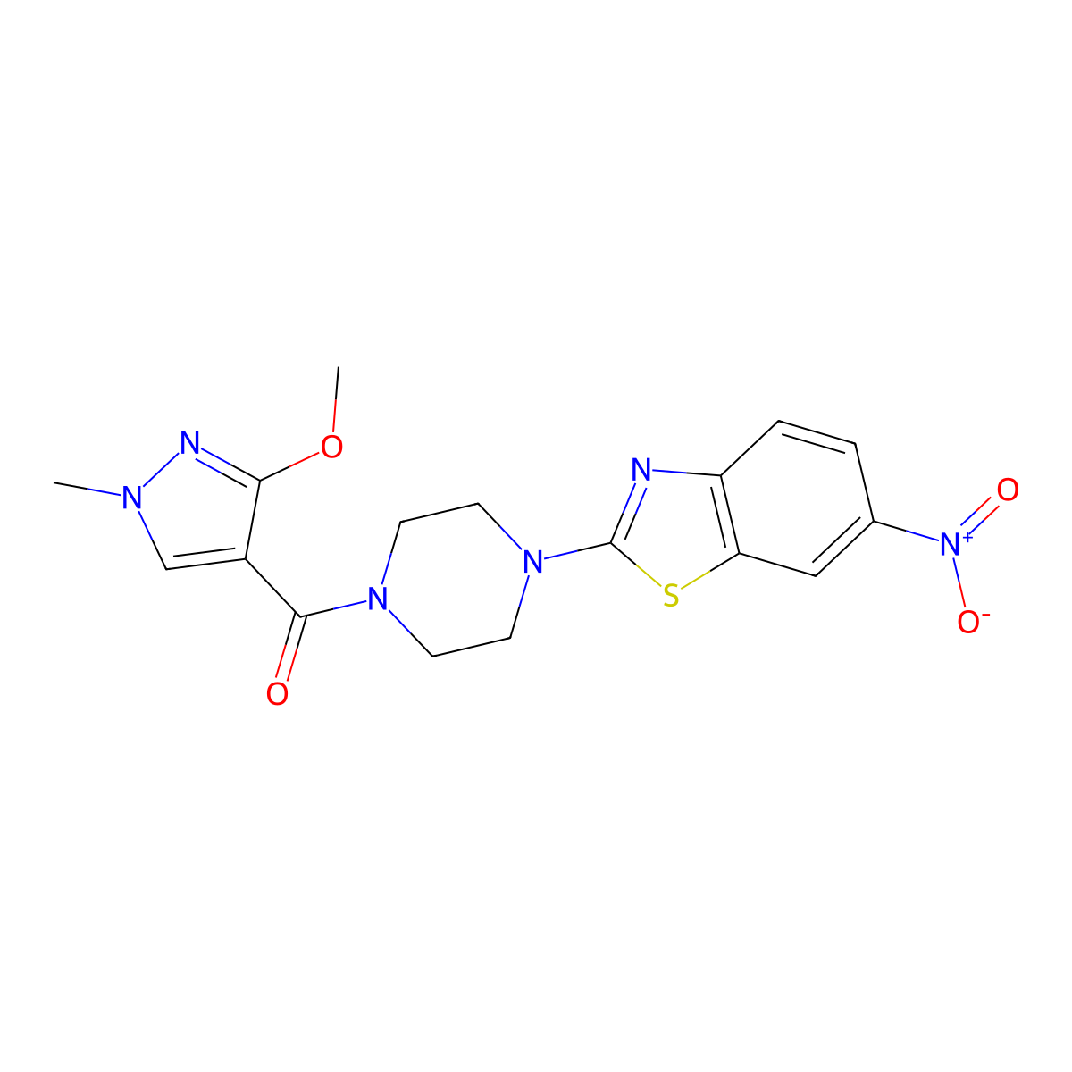 (3-methoxy-1-methyl-1H-pyrazol-4-yl)(4-(6-nitrobenzo[d]thiazol-2-yl)piperazin-1-yl)methanone molecular structure, CAS 1203407-79-7