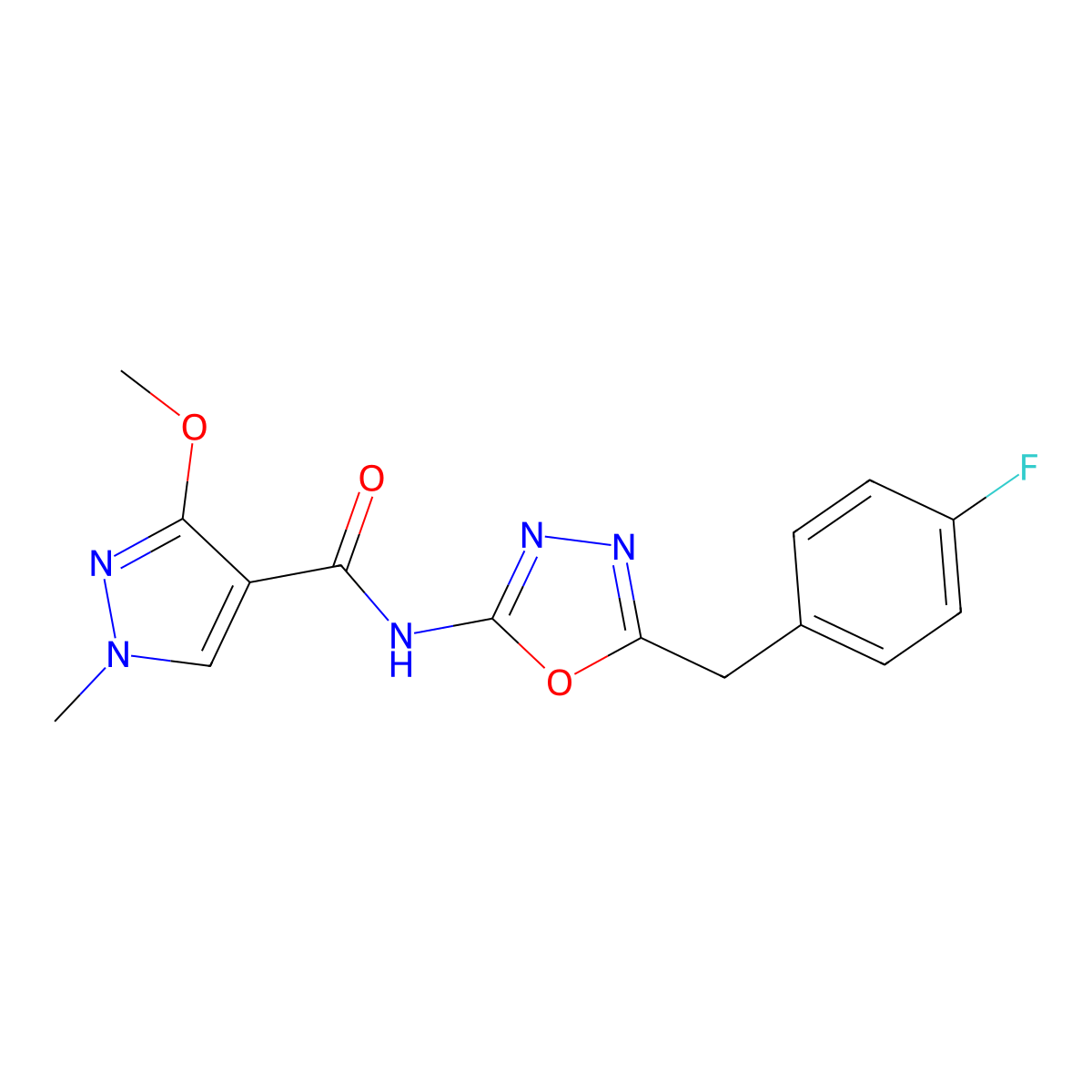 N-(5-(4-fluorobenzyl)-1,3,4-oxadiazol-2-yl)-3-methoxy-1-methyl-1H-pyrazole-4-carboxamide molecular structure, CAS 1203409-22-6