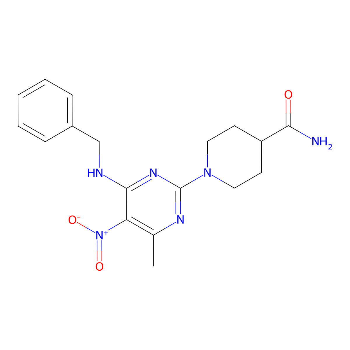 1-[4-(Benzylamino)-6-methyl-5-nitropyrimidin-2-yl]piperidine-4-carboxamide molecular structure, CAS 1203409-72-6