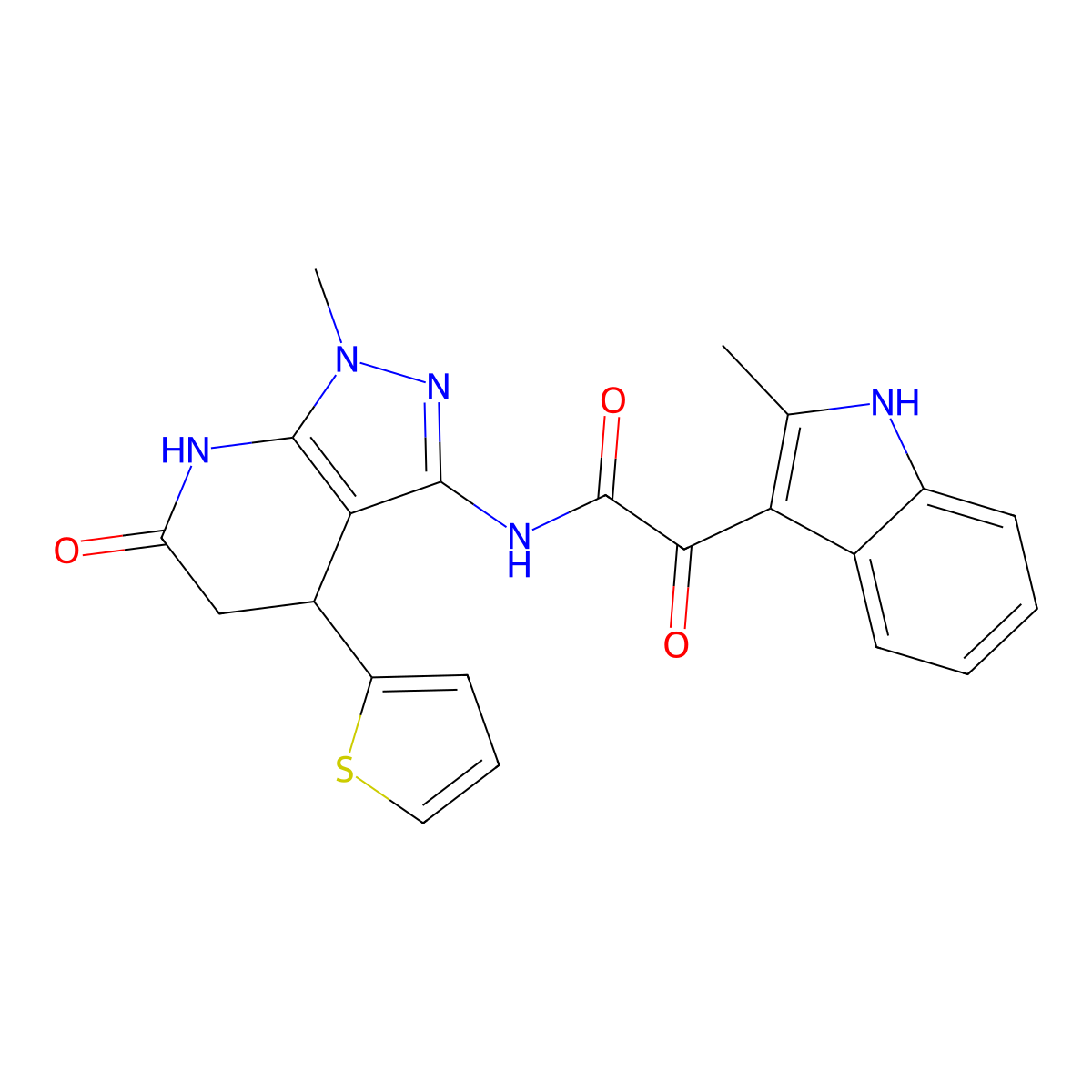 2-(2-methyl-1H-indol-3-yl)-N-(1-methyl-6-oxo-4-(thiophen-2-yl)-4,5,6,7-tetrahydro-1H-pyrazolo[3,4-b]pyridin-3-yl)-2-oxoacetamide molecular structure, CAS 1203409-73-7
