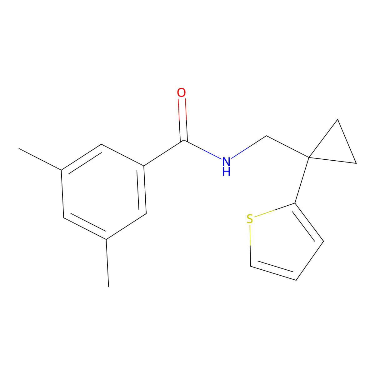 3,5-dimethyl-N-((1-(thiophen-2-yl)cyclopropyl)methyl)benzamide molecular structure, CAS 1203411-64-6