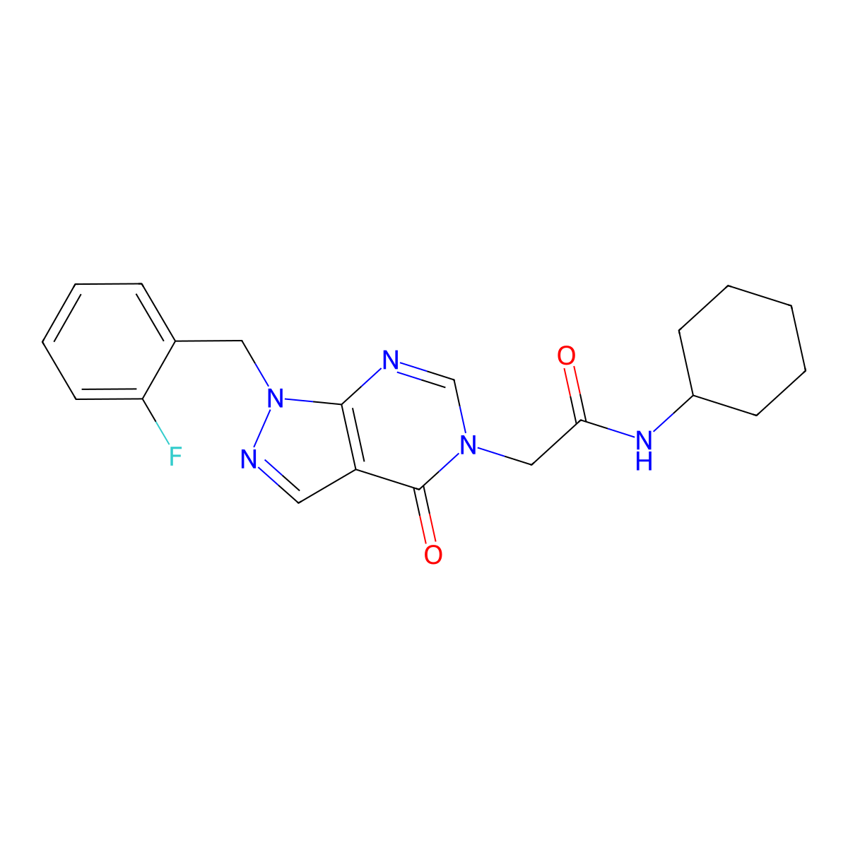 N-cyclohexyl-2-(1-(2-fluorobenzyl)-4-oxo-1H-pyrazolo[3,4-d]pyrimidin-5(4H)-yl)acetamide molecular structure, CAS 1203412-87-6