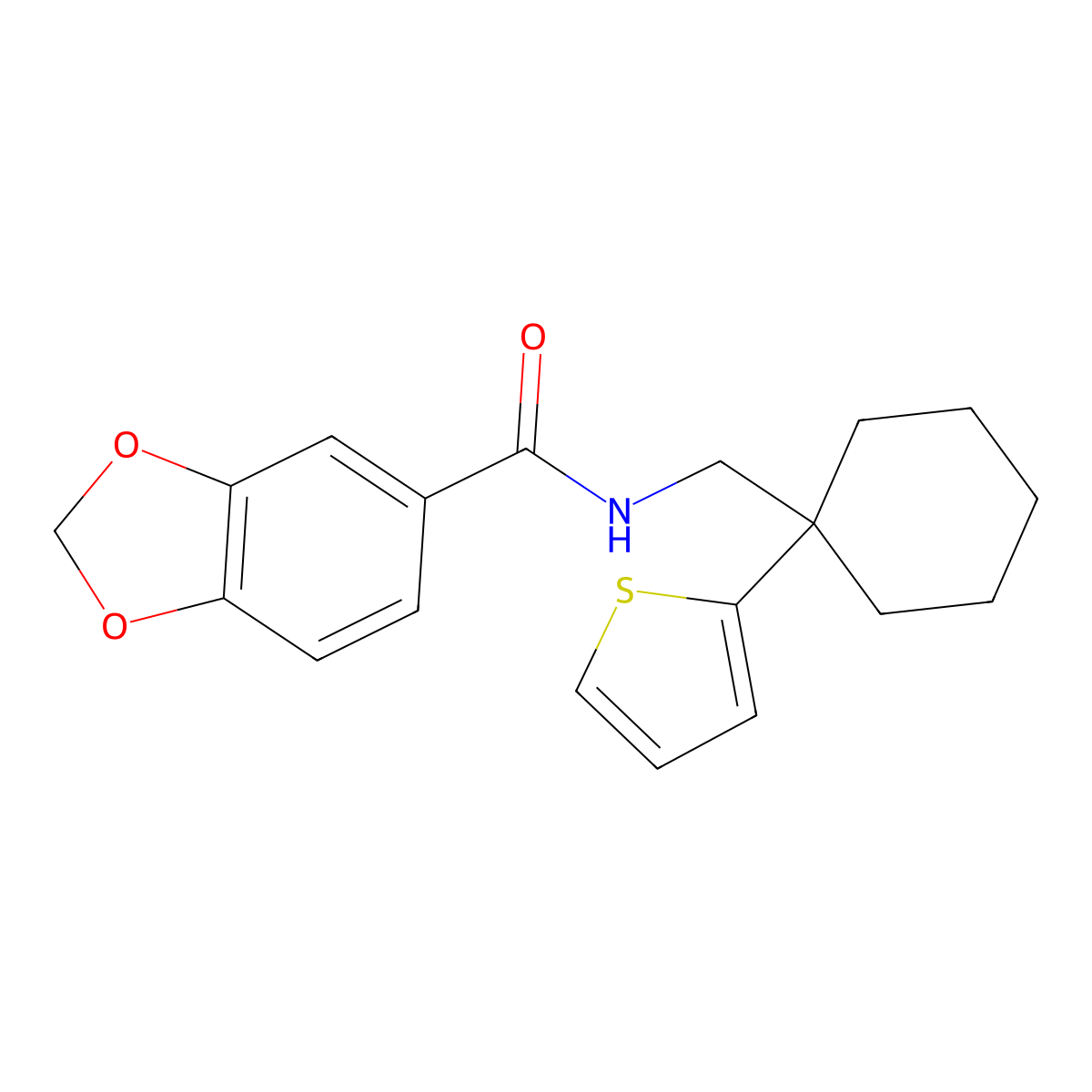 N-((1-(thiophen-2-yl)cyclohexyl)methyl)benzo[d][1,3]dioxole-5-carboxamide molecular structure, CAS 1203414-26-9