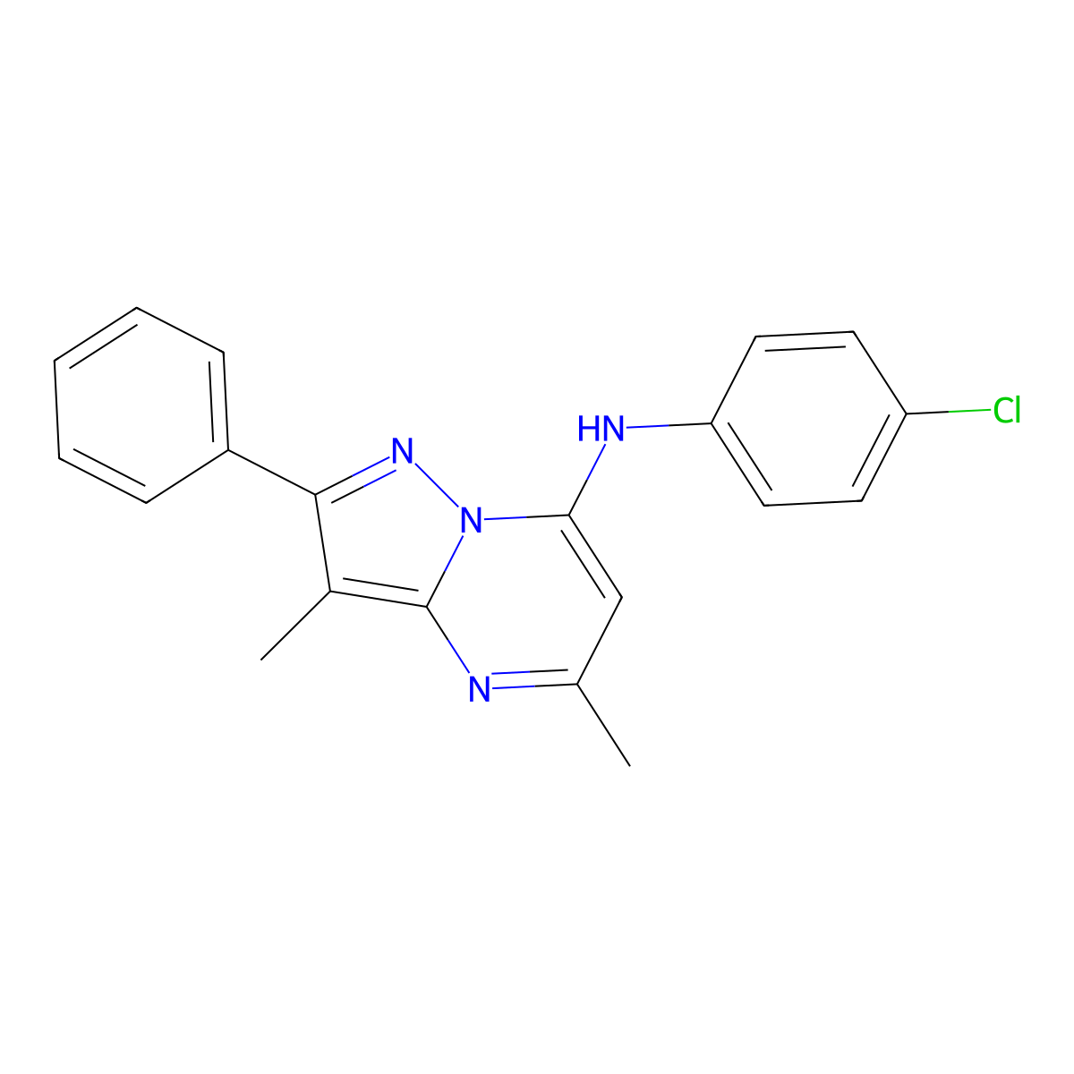 N-(4-chlorophenyl)-3,5-dimethyl-2-phenylpyrazolo[1,5-a]pyrimidin-7-amine molecular structure, CAS 1203414-90-7