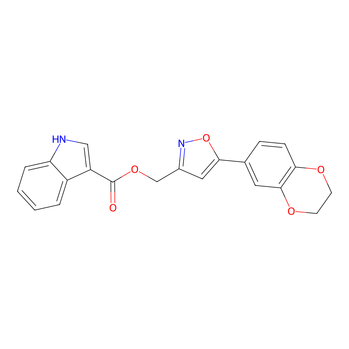 (5-(2,3-dihydrobenzo[b][1,4]dioxin-6-yl)isoxazol-3-yl)methyl 1H-indole-3-carboxylate molecular structure, CAS 1203416-35-6