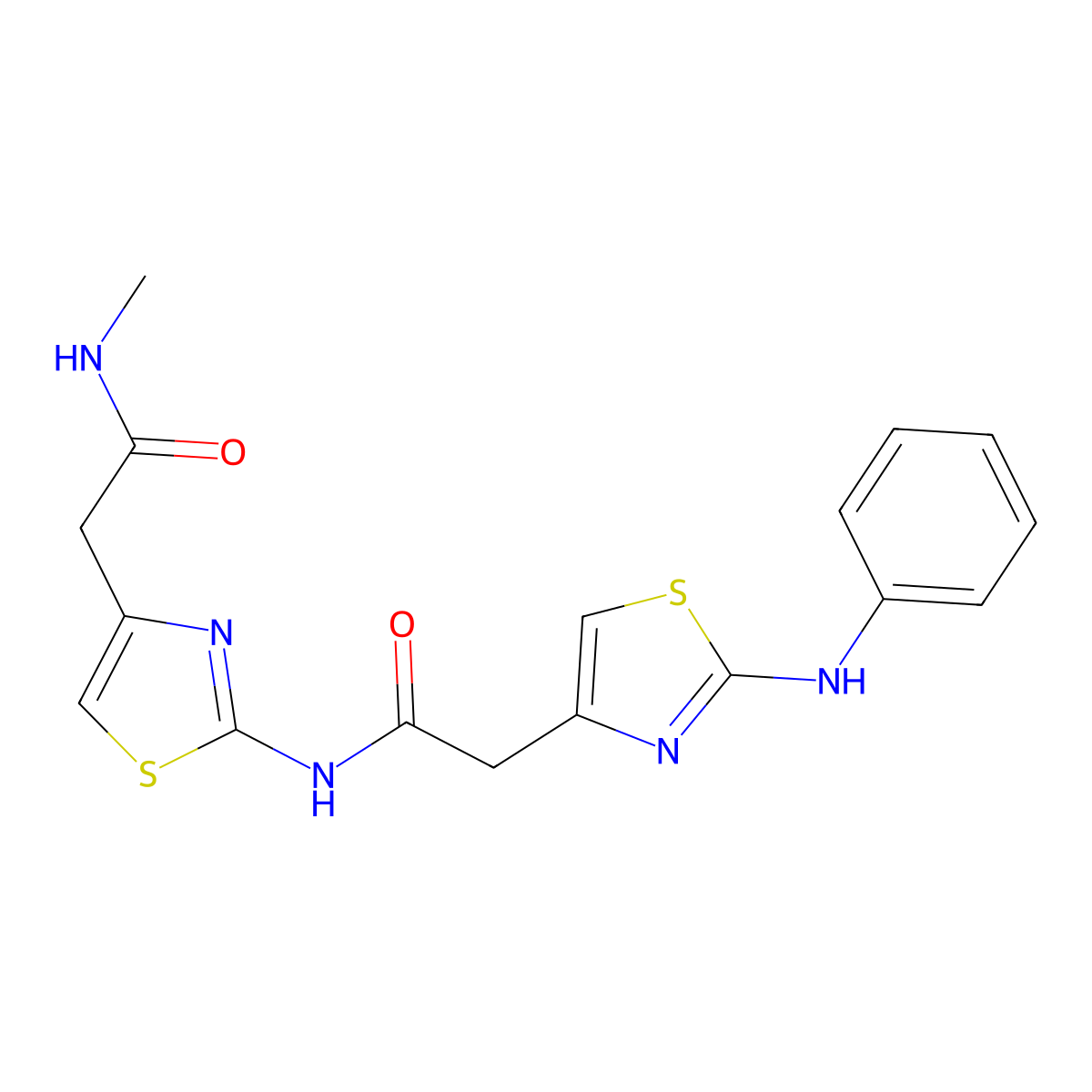 N-methyl-2-(2-(2-(2-(phenylamino)thiazol-4-yl)acetamido)thiazol-4-yl)acetamide molecular structure, CAS 1203416-39-0