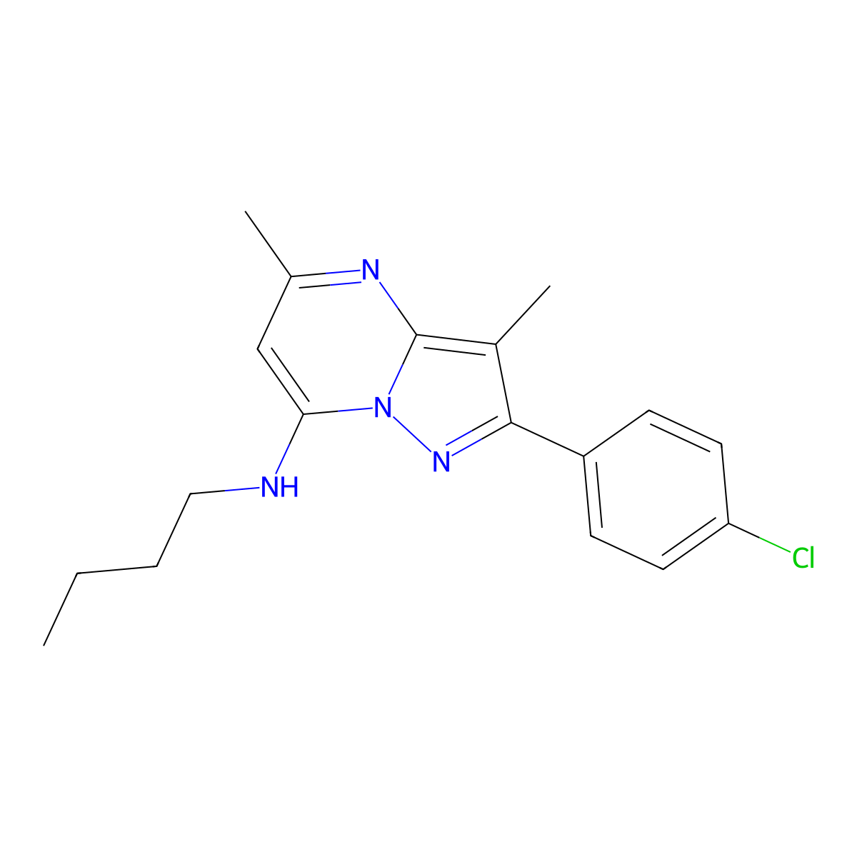 N-butyl-2-(4-chlorophenyl)-3,5-dimethylpyrazolo[1,5-a]pyrimidin-7-amine molecular structure, CAS 1203417-08-6