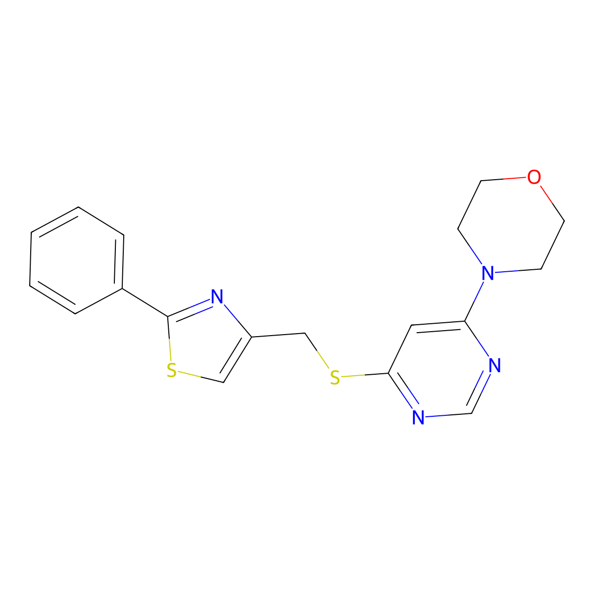 4-(6-(((2-Phenylthiazol-4-yl)methyl)thio)pyrimidin-4-yl)morpholine molecular structure, CAS 1203417-70-2