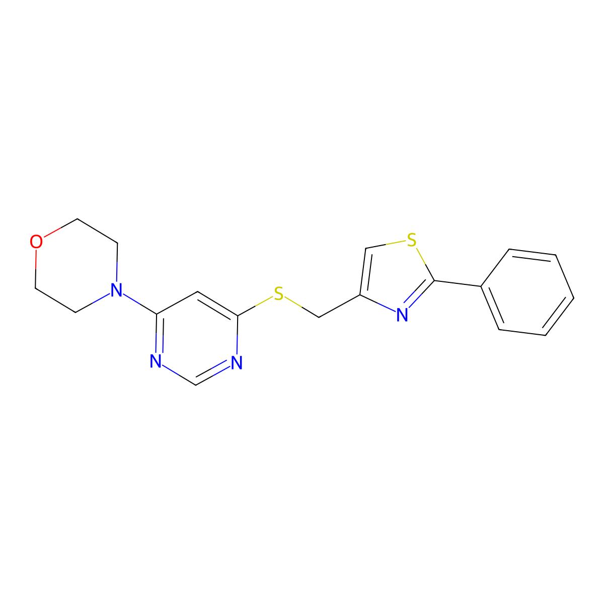 4-(6-(((2-Phenylthiazol-4-yl)methyl)thio)pyrimidin-4-yl)morpholine molecular structure, CAS 1203417-70-2