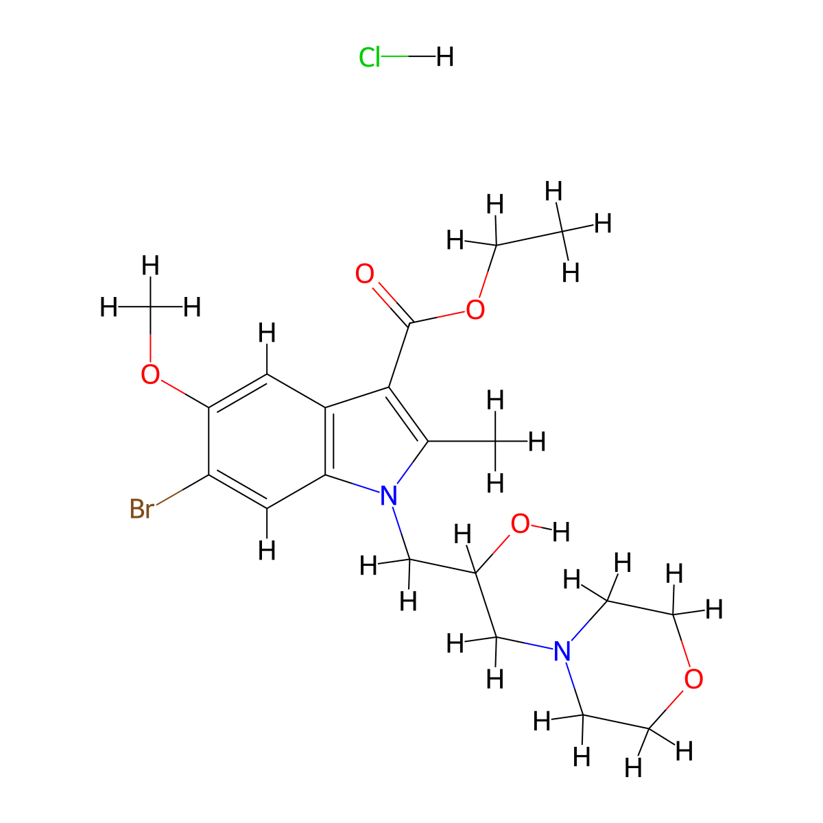 1H-Indole-3-carboxylic acid, 6-bromo-1-(2-hydroxy-3-(4-morpholinyl)propyl)-5-methoxy-2-methyl-, ethyl ester, monohydrochloride molecular structure, CAS 120342-38-3