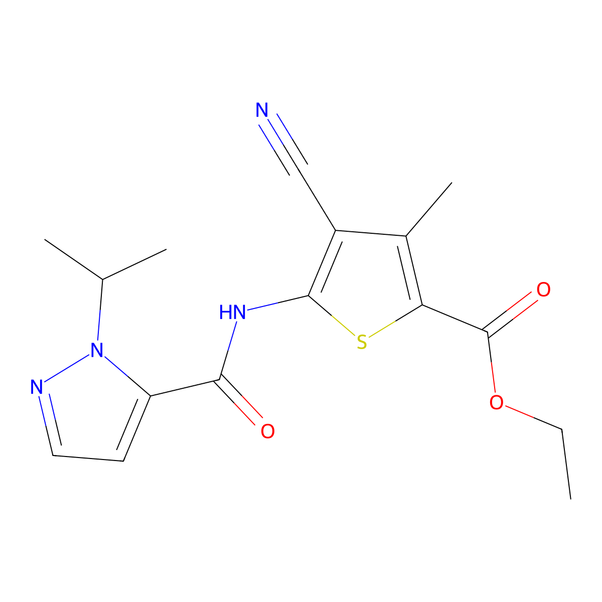 ethyl 4-cyano-5-(1-isopropyl-1H-pyrazole-5-carboxamido)-3-methylthiophene-2-carboxylate molecular structure, CAS 1203420-05-6