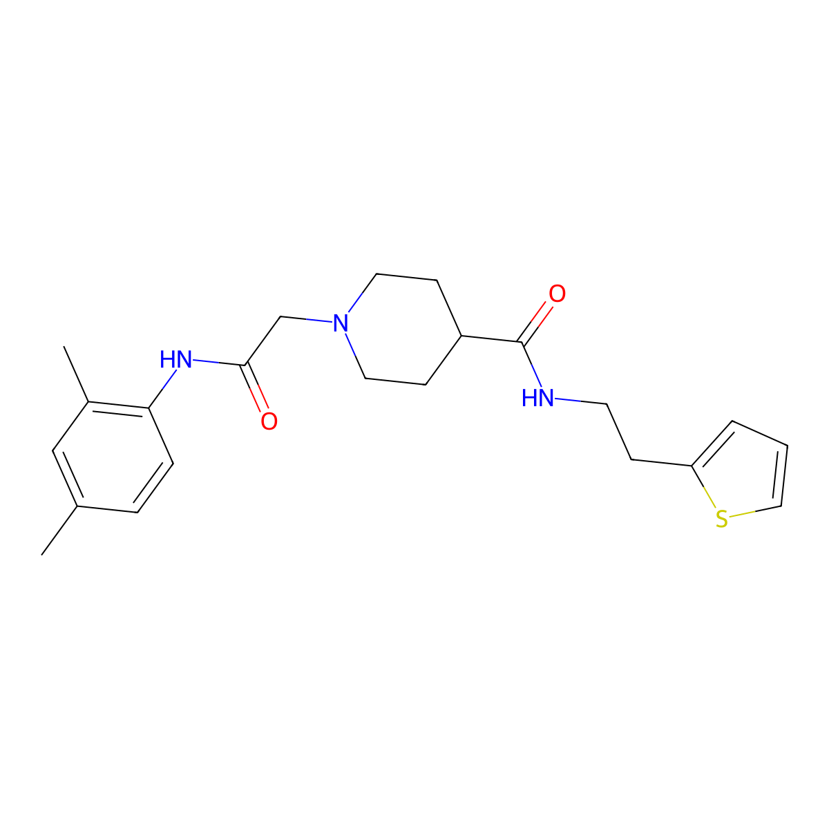 1-(2-((2,4-dimethylphenyl)amino)-2-oxoethyl)-N-(2-(thiophen-2-yl)ethyl)piperidine-4-carboxamide molecular structure, CAS 1203421-00-4