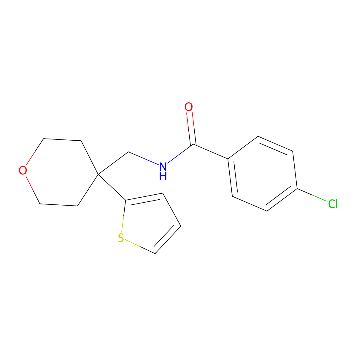 4-chloro-N-((4-(thiophen-2-yl)tetrahydro-2H-pyran-4-yl)methyl)benzamide molecular structure, CAS 1203423-14-6