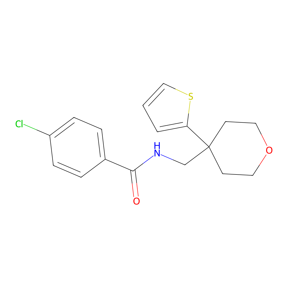 4-chloro-N-((4-(thiophen-2-yl)tetrahydro-2H-pyran-4-yl)methyl)benzamide molecular structure, CAS 1203423-14-6