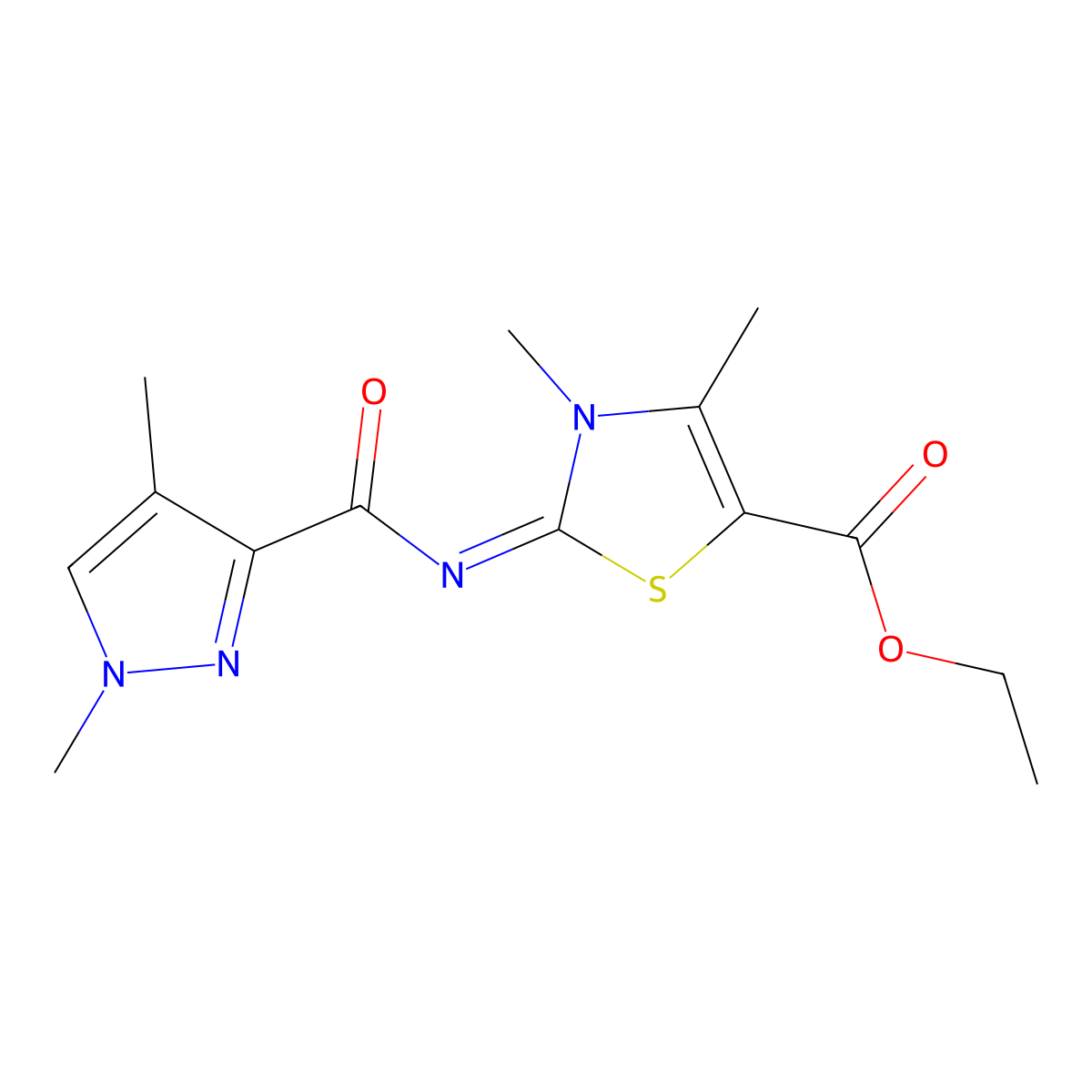 (E)-ethyl 2-((1,4-dimethyl-1H-pyrazole-3-carbonyl)imino)-3,4-dimethyl-2,3-dihydrothiazole-5-carboxylate molecular structure, CAS 1203432-42-1