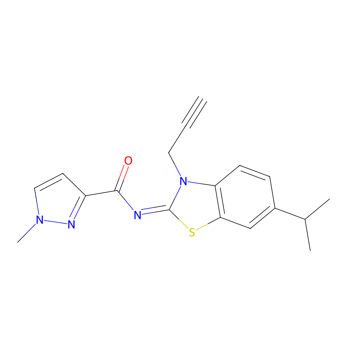 N-(6-isopropyl-3-(prop-2-yn-1-yl)benzo[d]thiazol-2(3H)-ylidene)-1-methyl-1H-pyrazole-3-carboxamide molecular structure, CAS 1203437-19-7