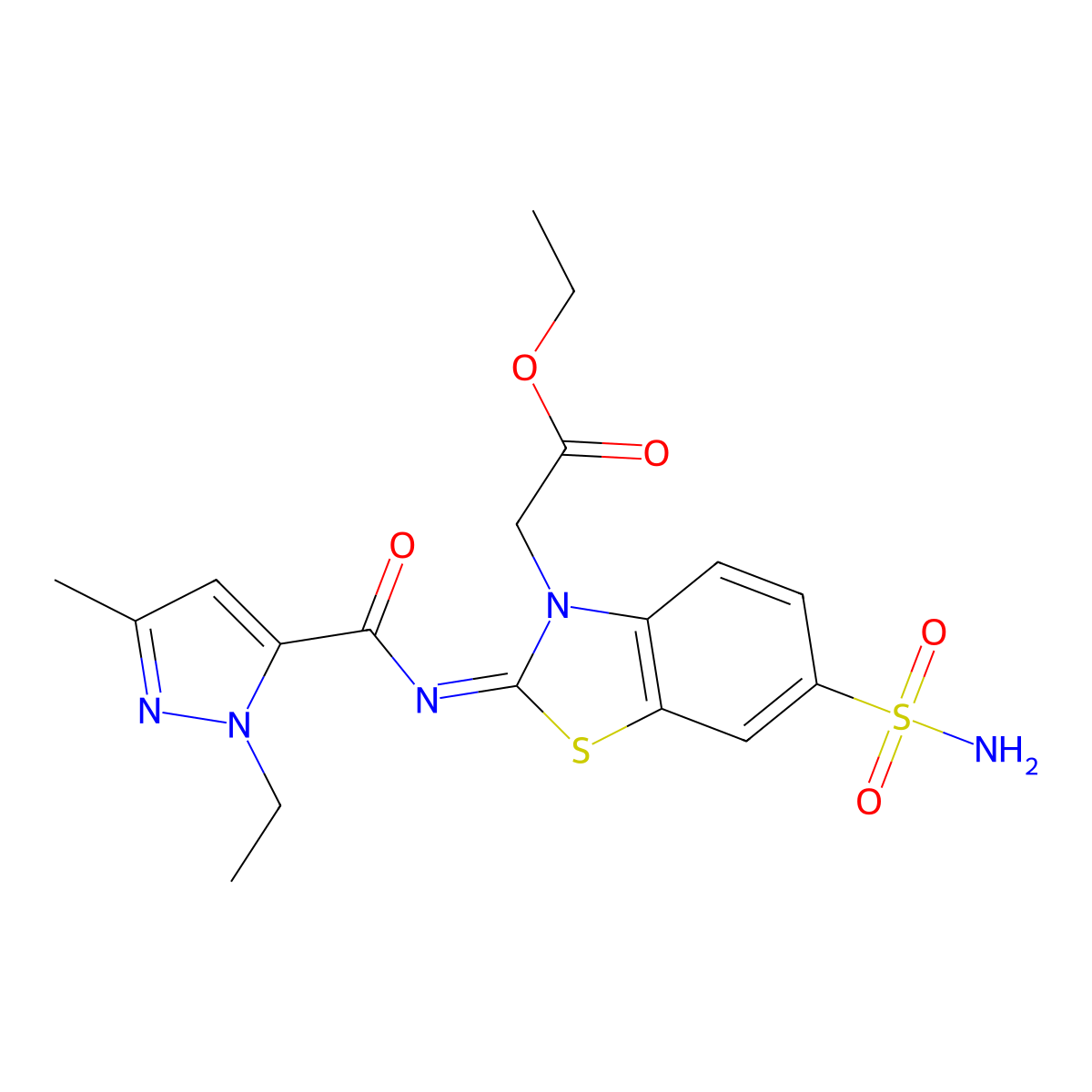 (E)-ethyl 2-(2-((1-ethyl-3-methyl-1H-pyrazole-5-carbonyl)imino)-6-sulfamoylbenzo[d]thiazol-3(2H)-yl)acetate molecular structure, CAS 1203437-81-3