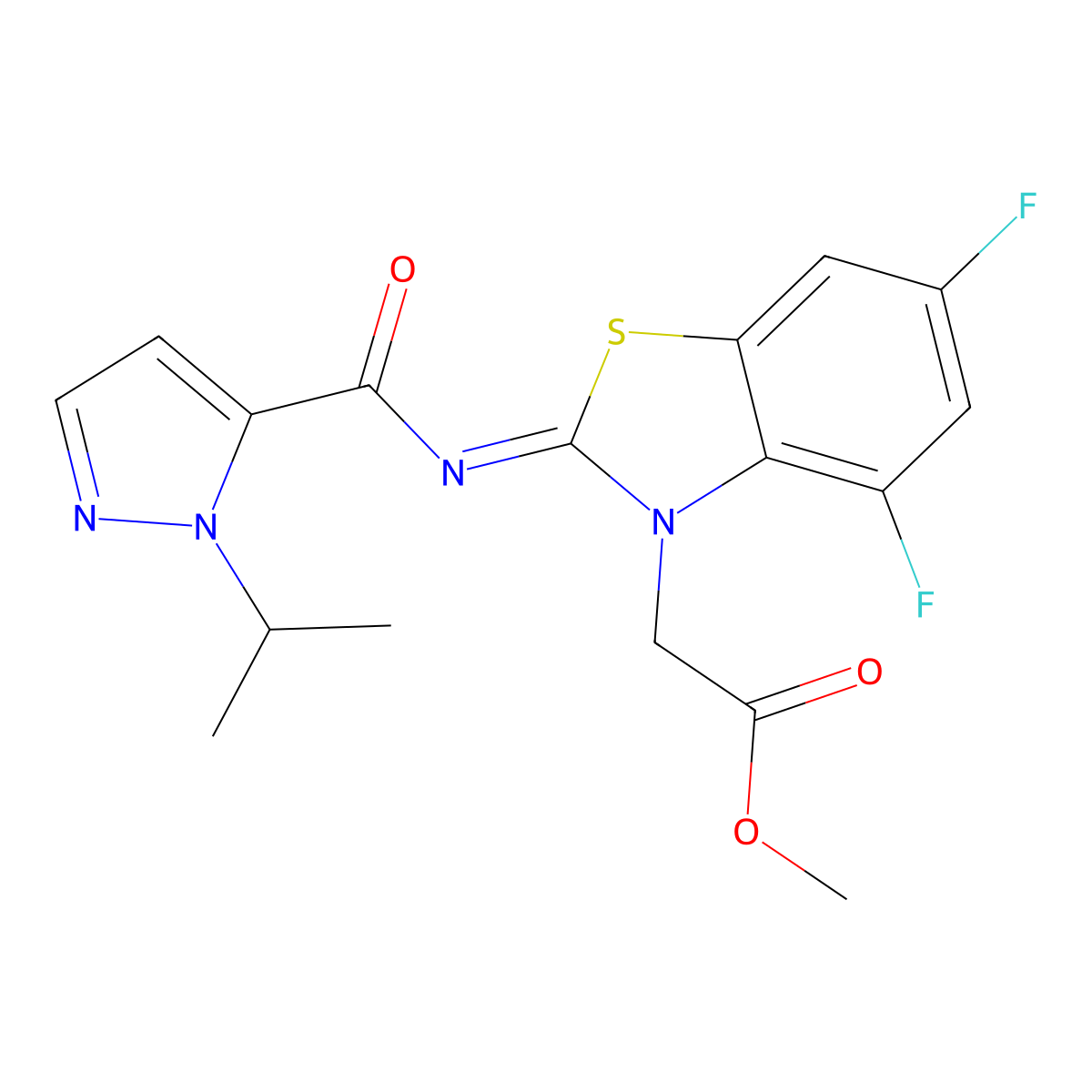 (E)-methyl 2-(4,6-difluoro-2-((1-isopropyl-1H-pyrazole-5-carbonyl)imino)benzo[d]thiazol-3(2H)-yl)acetate molecular structure, CAS 1203437-90-4