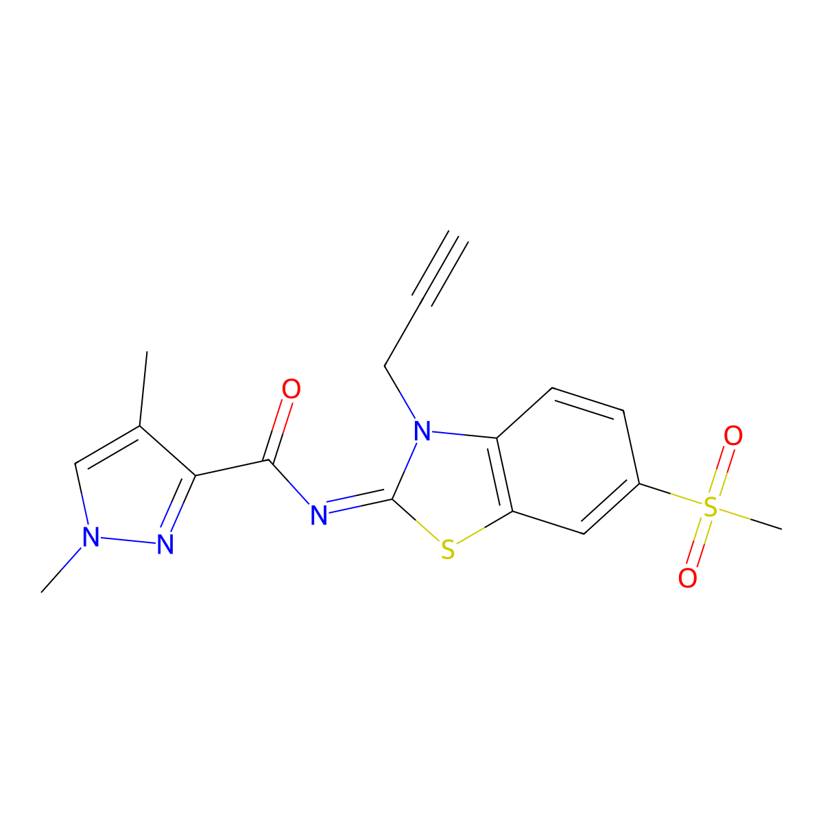 (E)-1,4-dimethyl-N-(6-(methylsulfonyl)-3-(prop-2-yn-1-yl)benzo[d]thiazol-2(3H)-ylidene)-1H-pyrazole-3-carboxamide molecular structure, CAS 1203443-17-7