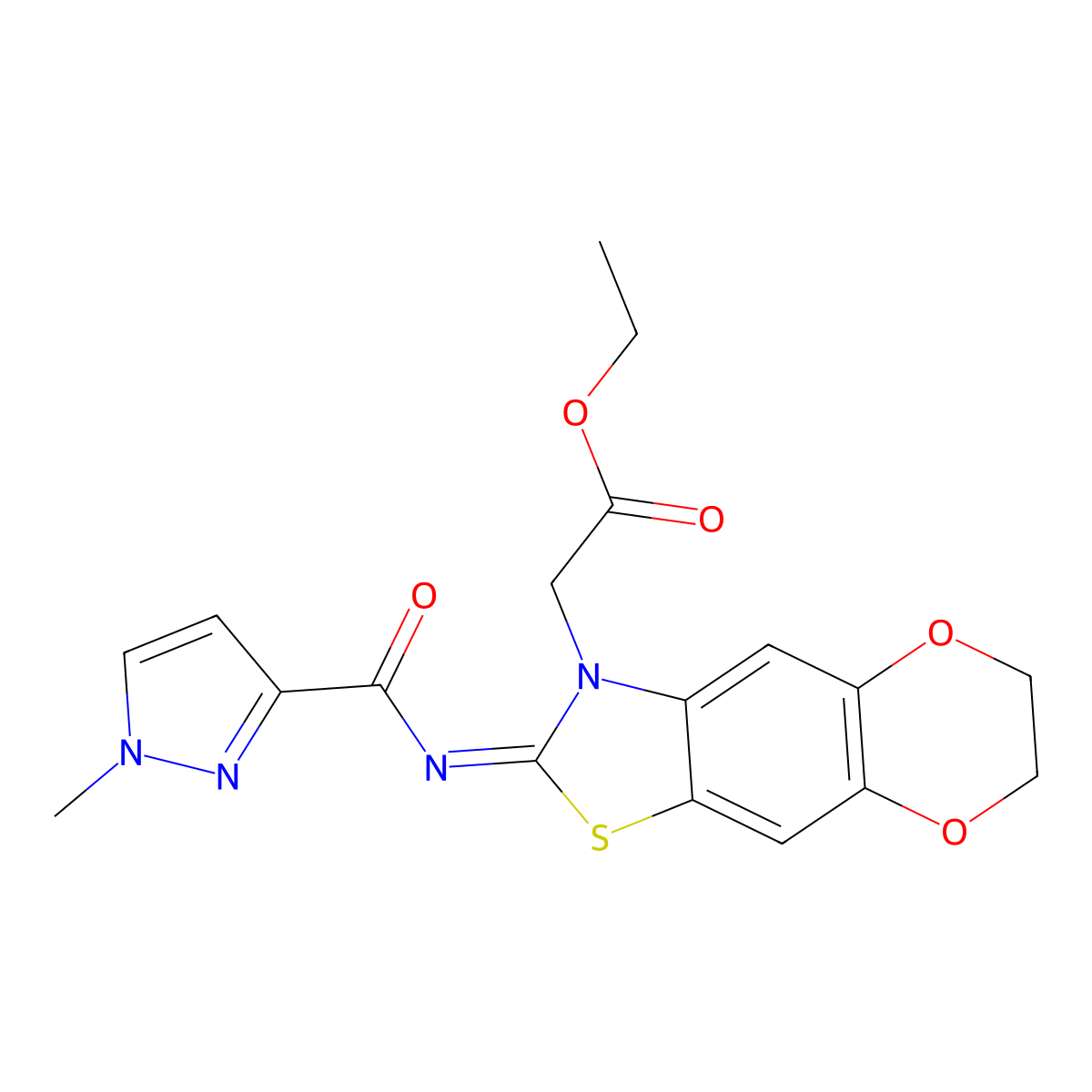 (Z)-ethyl 2-(2-((1-methyl-1H-pyrazole-3-carbonyl)imino)-6,7-dihydro-[1,4]dioxino[2',3':4,5]benzo[1,2-d]thiazol-3(2H)-yl)acetate molecular structure, CAS 1203443-38-2
