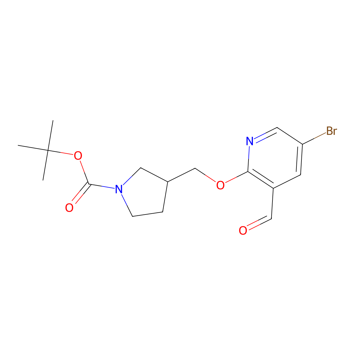 Tert-butyl 3-((5-bromo-3-formylpyridin-2-yloxy)-methyl)pyrrolidine-1-carboxylate molecular structure, CAS 1203499-20-0