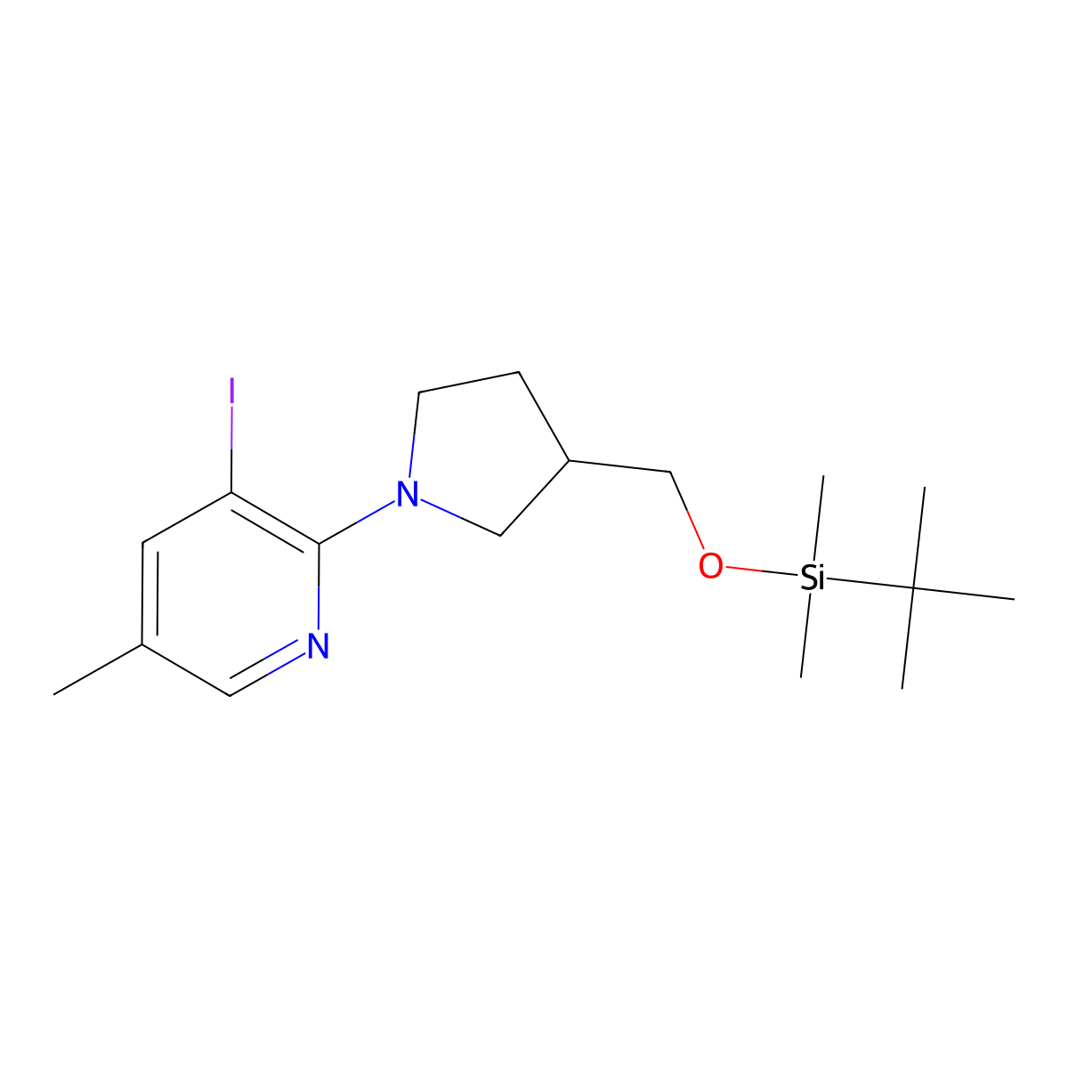 2-(3-((tert-Butyldimethylsilyloxy)methyl)pyrrolidin-1-yl)-3-iodo-5-methylpyridine molecular structure, CAS 1203499-22-2