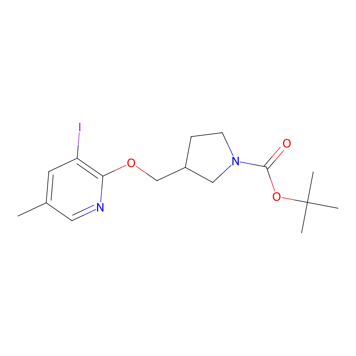 Tert-butyl 3-((3-iodo-5-methylpyridin-2-yloxy)-methyl)pyrrolidine-1-carboxylate molecular structure, CAS 1203499-33-5