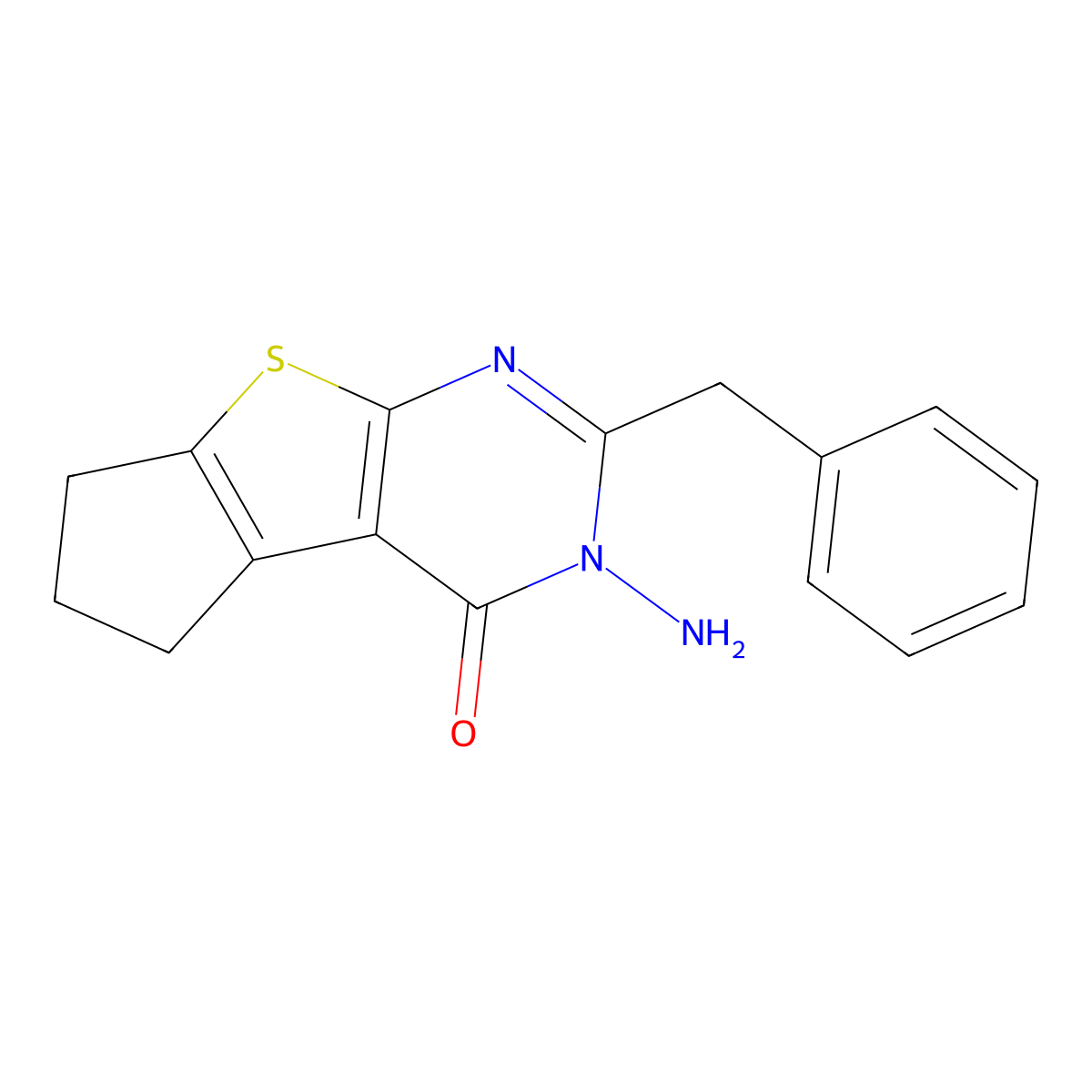 4H-Cyclopenta(4,5)thieno(2,3-d)pyrimidin-4-one, 3,5,6,7-tetrahydro-3-amino-2-(phenylmethyl)- molecular structure, CAS 120354-23-6