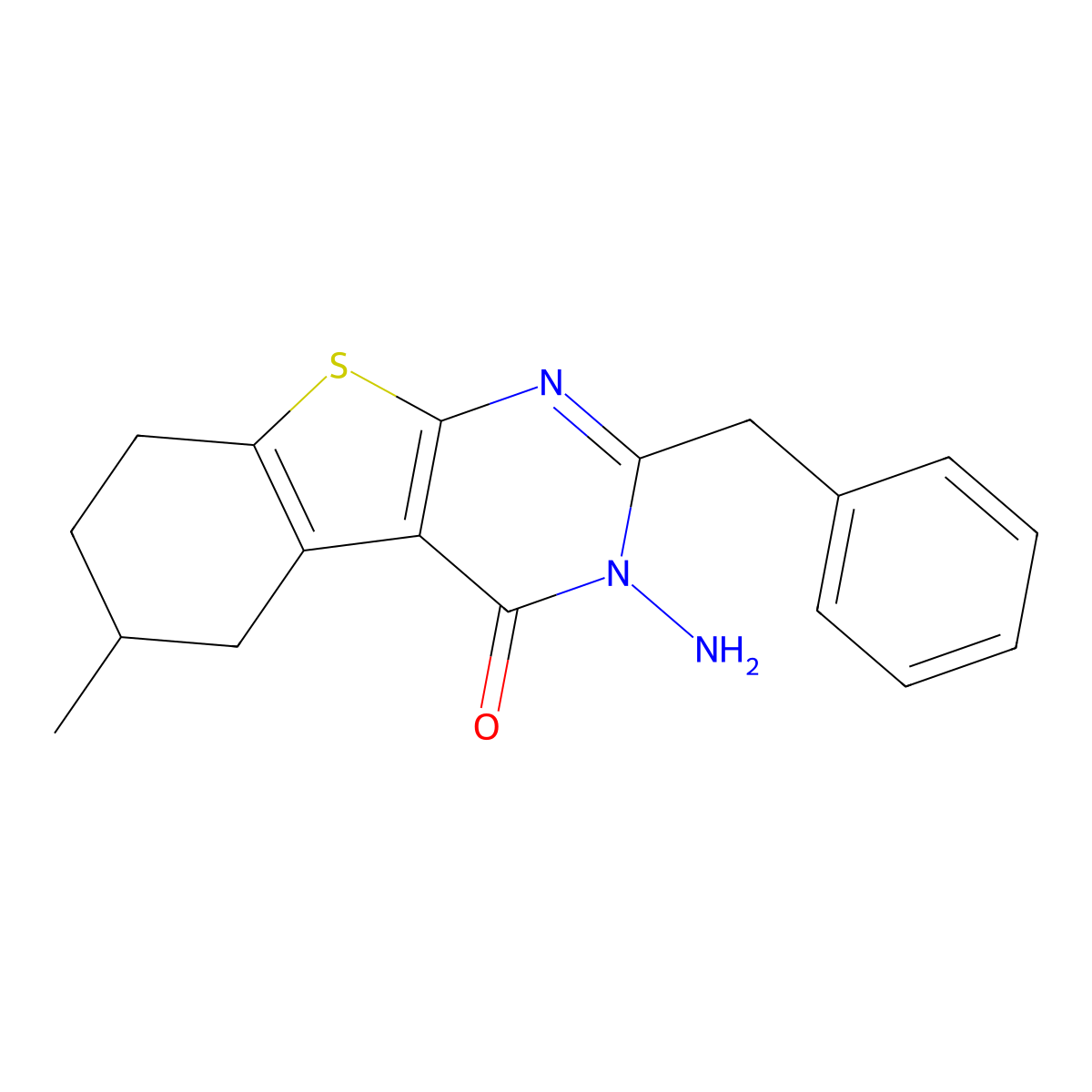 (1)Benzothieno(2,3-d)pyrimidin-4(3H)-one, 5,6,7,8-tetrahydro-3-amino-6-methyl-2-(phenylmethyl)- molecular structure, CAS 120354-25-8