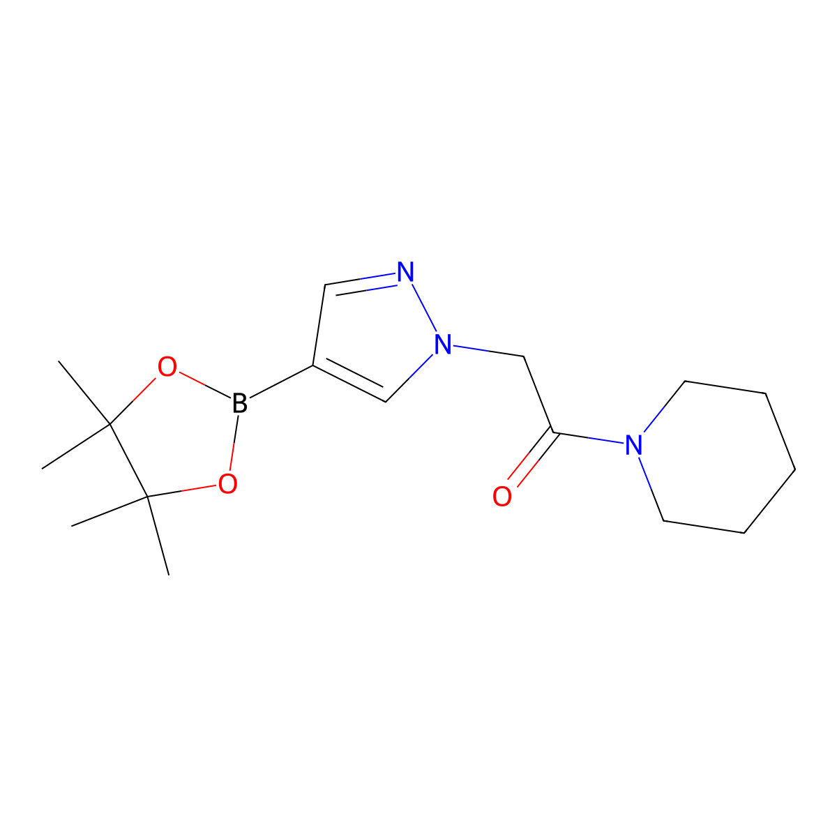 1-(piperidin-1-yl)-2-(4-(4,4,5,5-tetramethyl-1,3,2-dioxaborolan-2-yl)-1H-pyrazol-1-yl)ethanone molecular structure, CAS 1203671-47-9