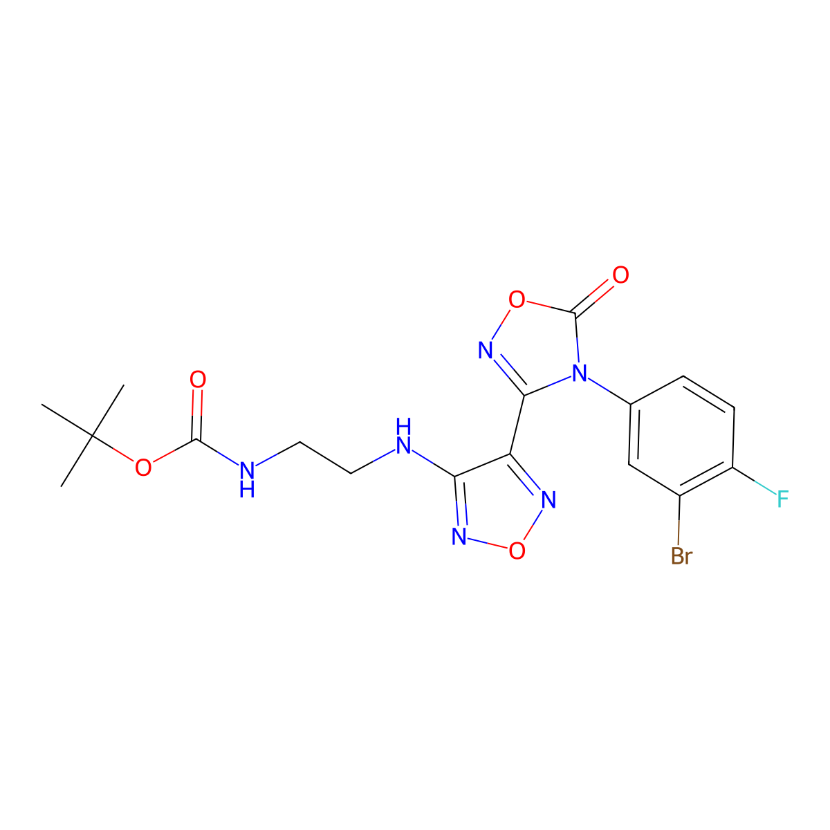 tert-Butyl (2-((4-(4-(3-bromo-4-fluorophenyl)-5-oxo-4,5-dihydro-1,2,4-oxadiazol-3-yl)-1,2,5-oxadiazol-3-yl)amino)ethyl)carbamate molecular structure, CAS 1204669-68-0