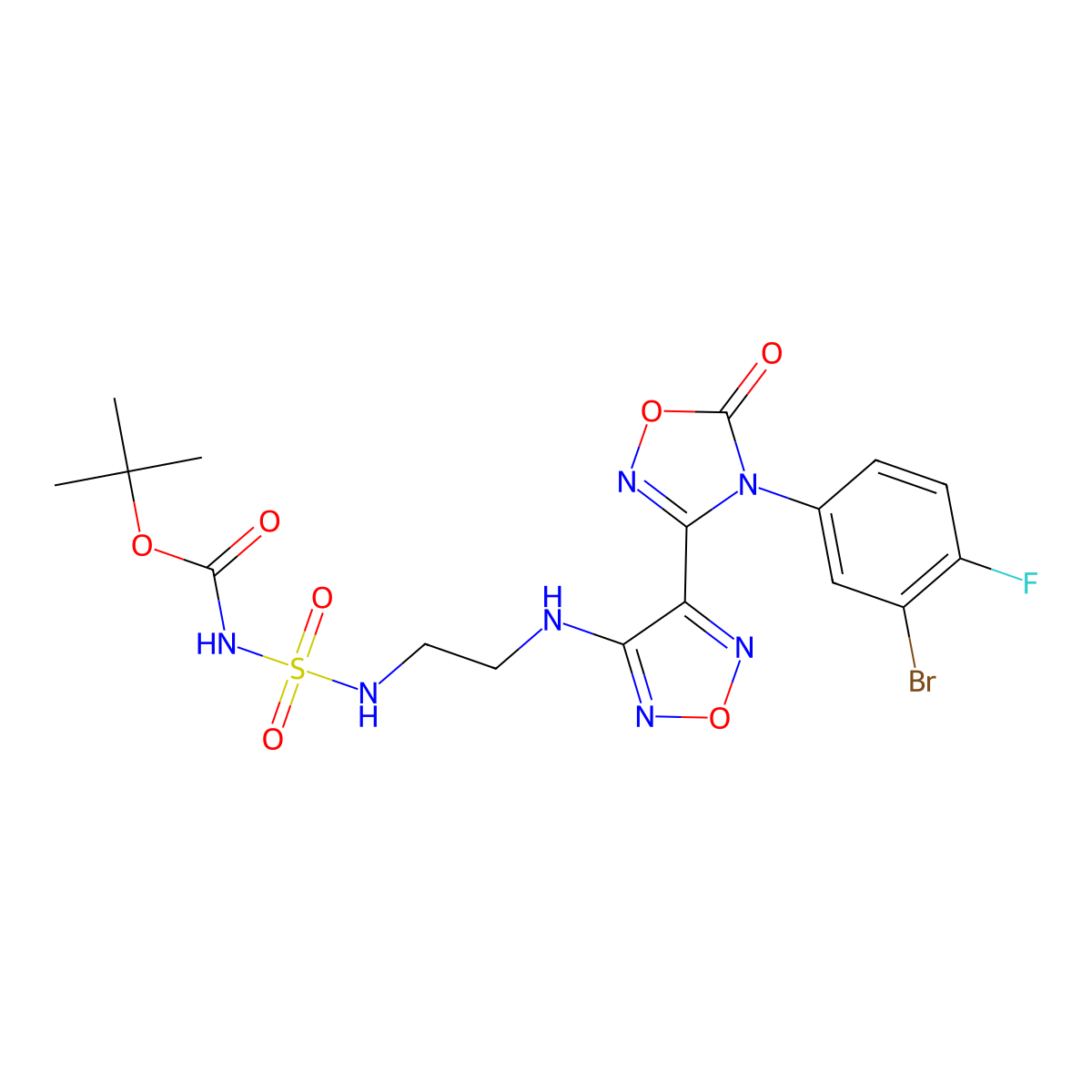 tert-Butyl N-(2-((4-(4-(3-bromo-4-fluorophenyl)-5-oxo-4,5-dihydro-1,2,4-oxadiazol-3-yl)-1,2,5-oxadiazol-3-yl)amino)ethyl)sulfamoylcarbamate molecular structure, CAS 1204669-69-1