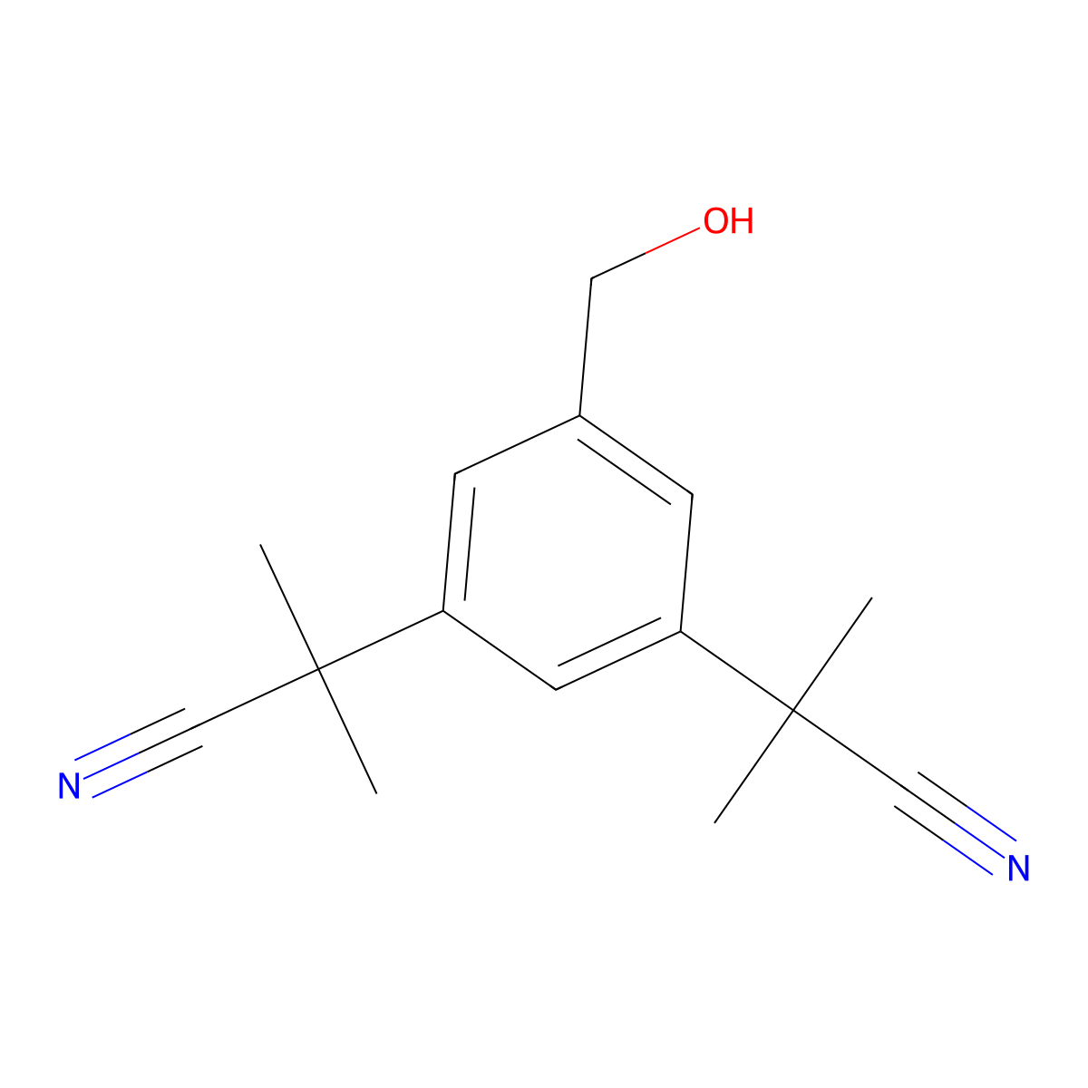 1,3-Benzenediacetonitrile, 5-(hydroxymethyl)-alpha1,alpha1,alpha3,alpha3-tetramethyl- molecular structure, CAS 120511-88-8