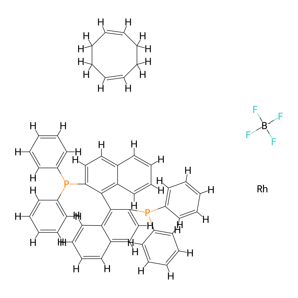 [(R)-2,2'-Bis(diphenylphosphino)-1,1-binaphthyl]rhodium(I)(cyclooctadiene) tetrafluoroborate molecular structure, CAS 120521-81-5