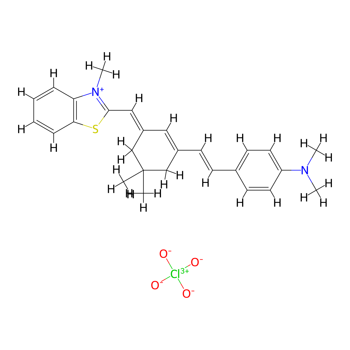 2-((3-(2-(4-(Dimethylamino)phenyl)ethenyl)-5,5-dimethylcyclohex-2-en-1-ylidene)methyl)-3-methyl-1,3-benzothiazol-3-ium perchlorate molecular structure, CAS 120528-73-6