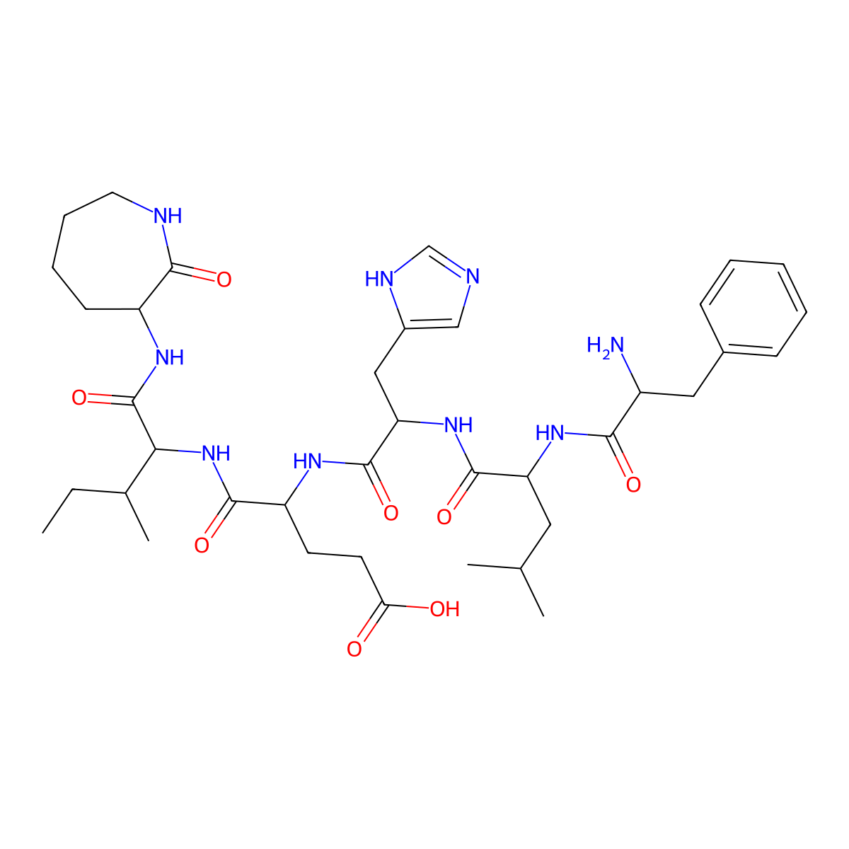 (4R)-4-[[(2S)-2-[[(2S)-2-[[(2R)-2-amino-3-phenylpropanoyl]amino]-4-methylpentanoyl]amino]-3-(1H-imidazol-5-yl)propanoyl]amino]-5-[[(2R,3S)-3-methyl-1-oxo-1-[[(3S)-2-oxoazepan-3-yl]amino]pentan-2-yl]amino]-5-oxopentanoic acid molecular structure, CAS 1205538-83-5