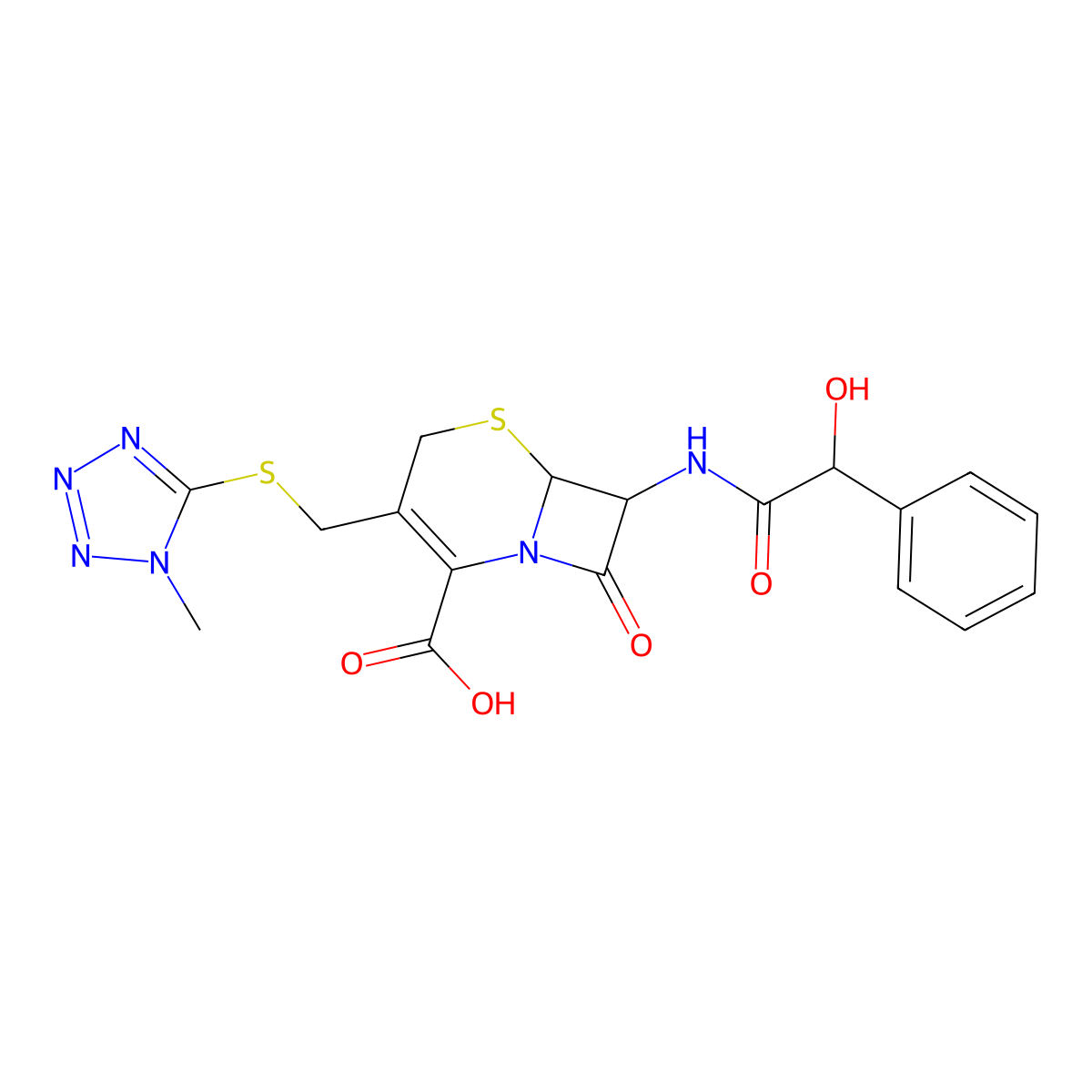 7-{[hydroxy(phenyl)acetyl]amino}-3-{[(1-methyl-1H-tetrazol-5-yl)sulfanyl]methyl}-8-oxo-5-thia-1-azabicyclo[4.2.0]oct-2-ene-2-carboxylic acid molecular structure, CAS 1205565-14-5