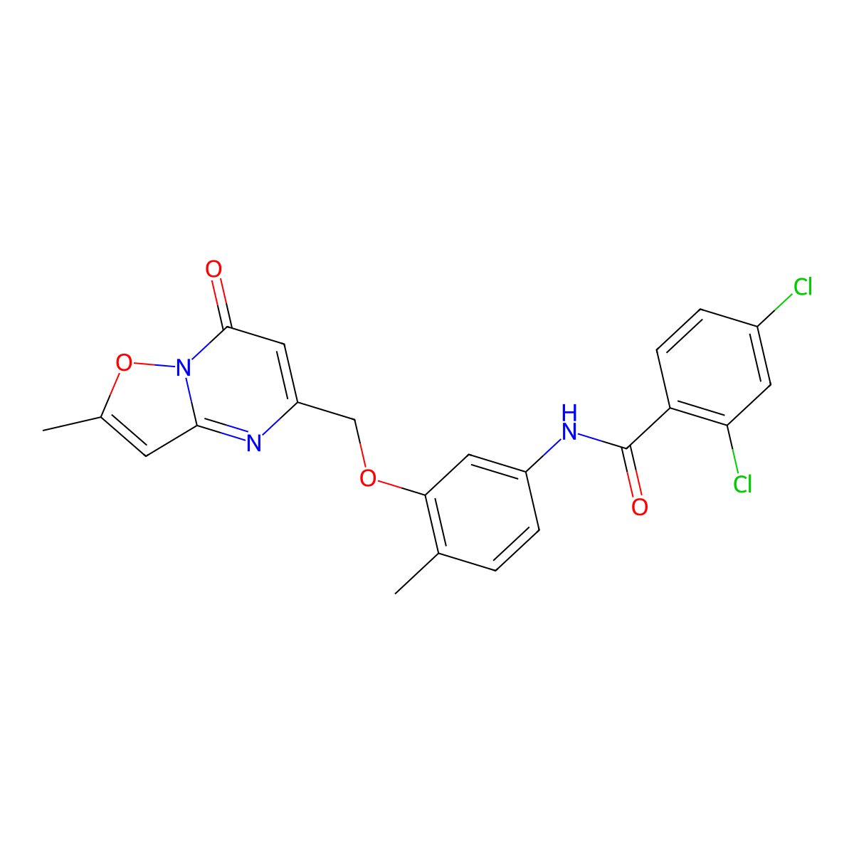 2,4-Dichloro-N-[4-methyl-3-[(2-methyl-7-oxo-7H-isoxazolo[2,3-a]pyrimidin-5-yl)methoxy]phenyl]benzamide molecular structure, CAS 1206077-62-4